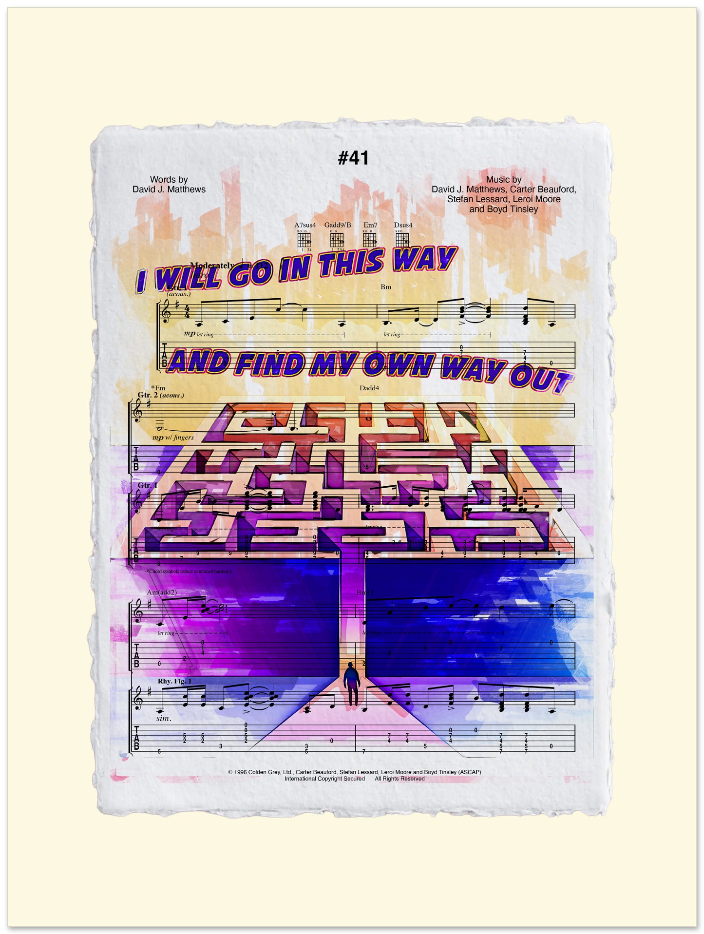 Sheet music with a colorful maze design and text on a light yellow background