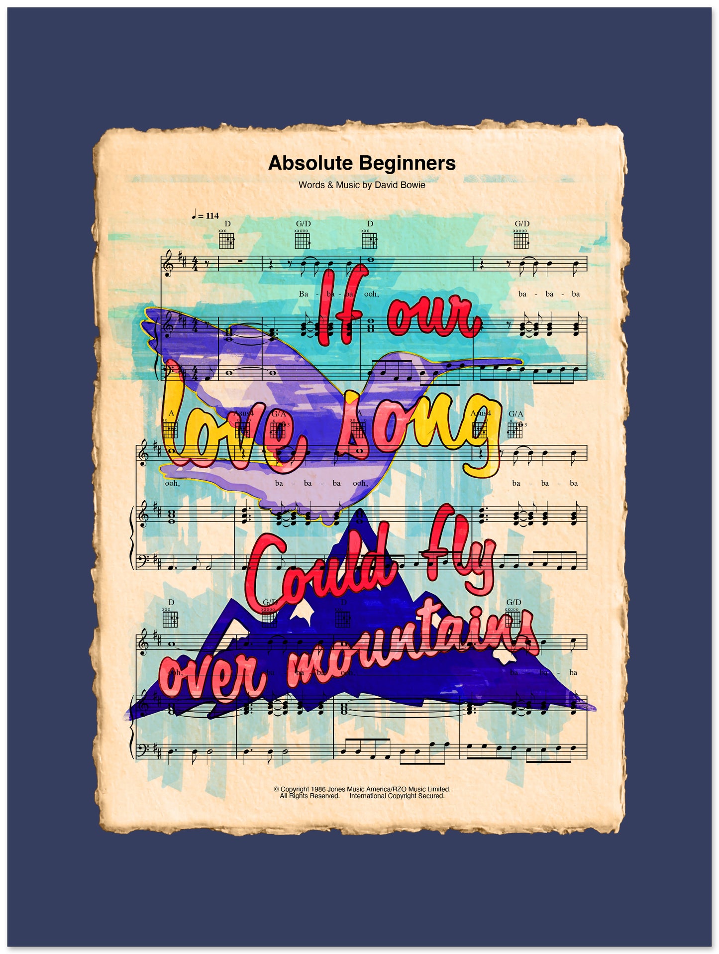 Sheet music with colorful text and mountain design on a blue background
