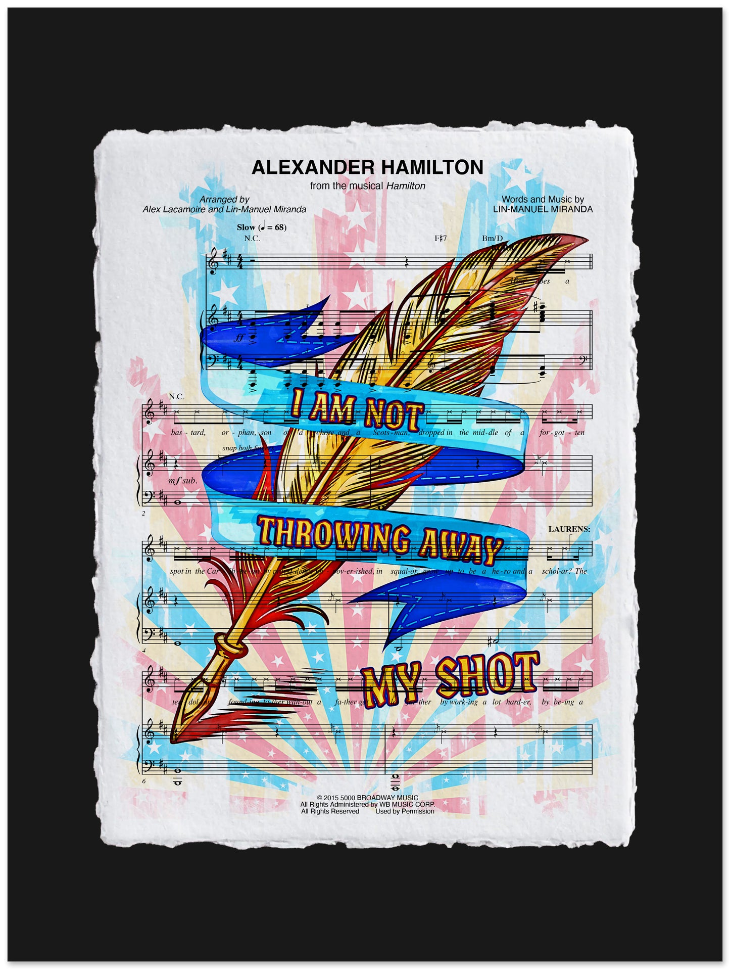 Sheet music with colorful feathers and text 'I am not throwing away my shot' on a black background