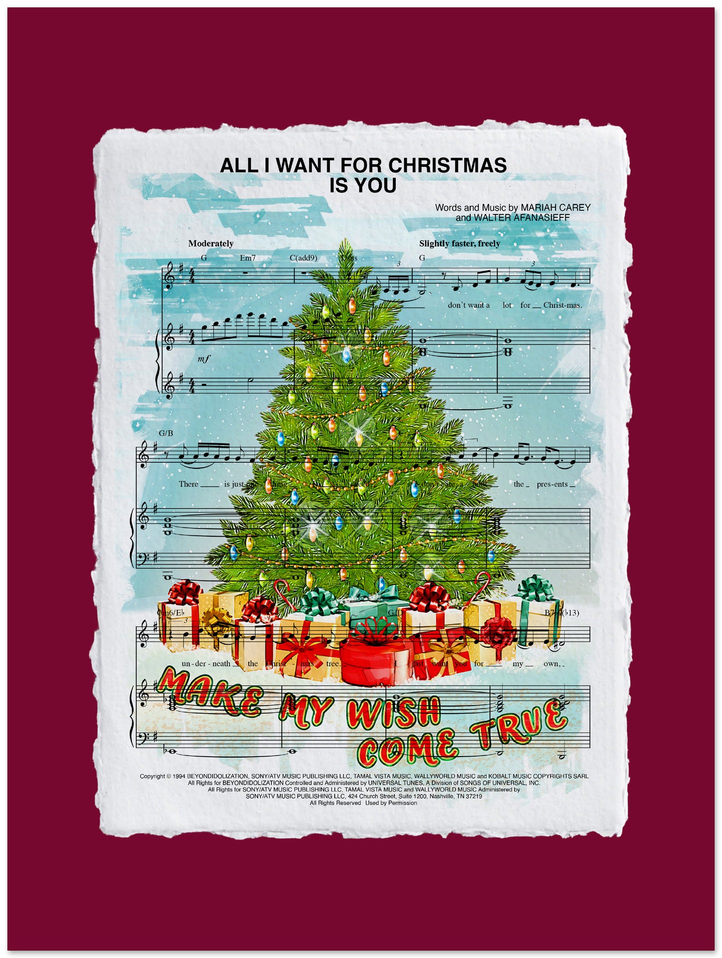 Sheet music cover for 'All I Want for Christmas Is You' with a Christmas tree and presents on a red background.