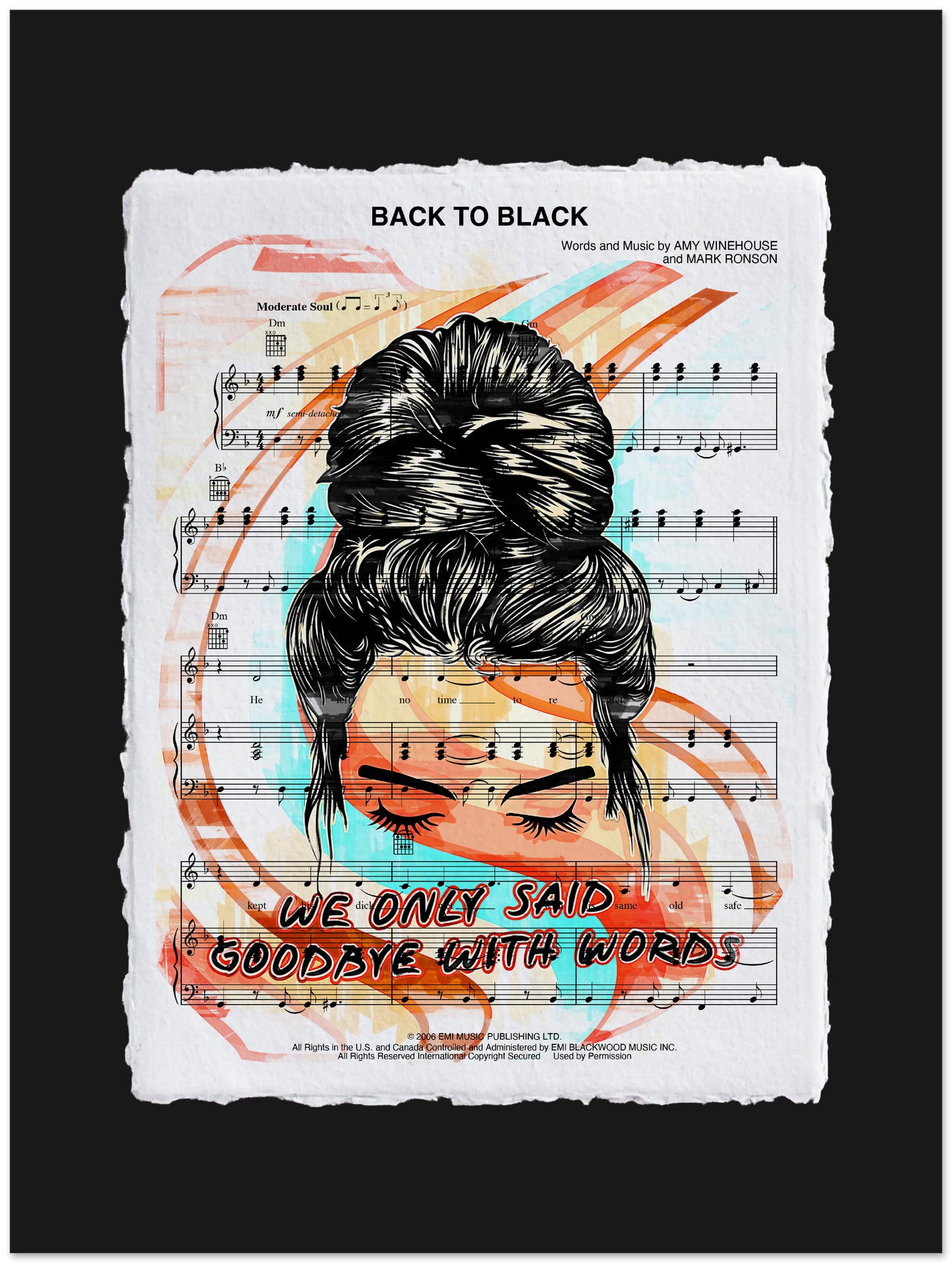 Artistic depiction of a woman's face with a bun on sheet music background
