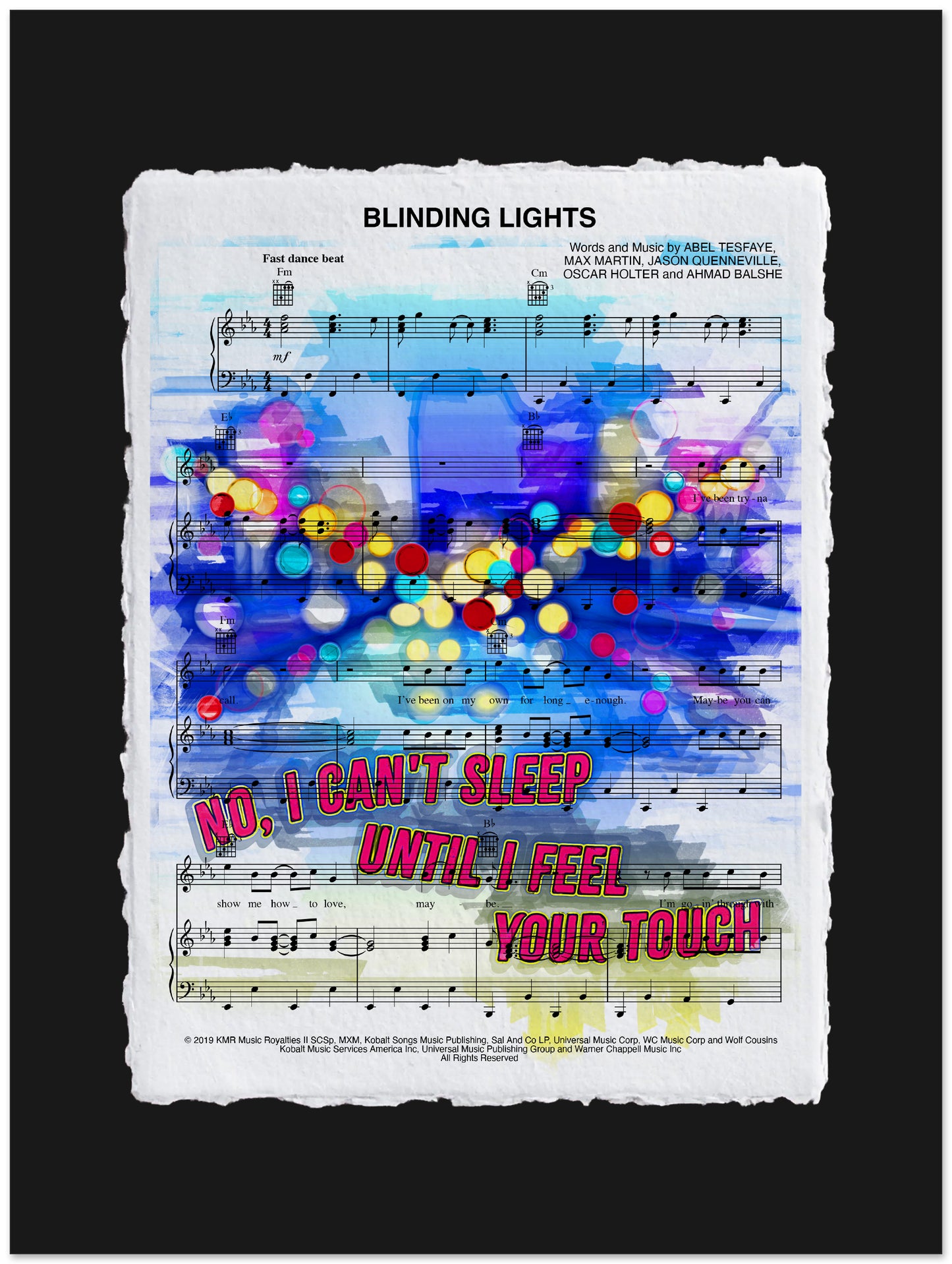 Sheet music with colorful abstract design and text overlay on a black background