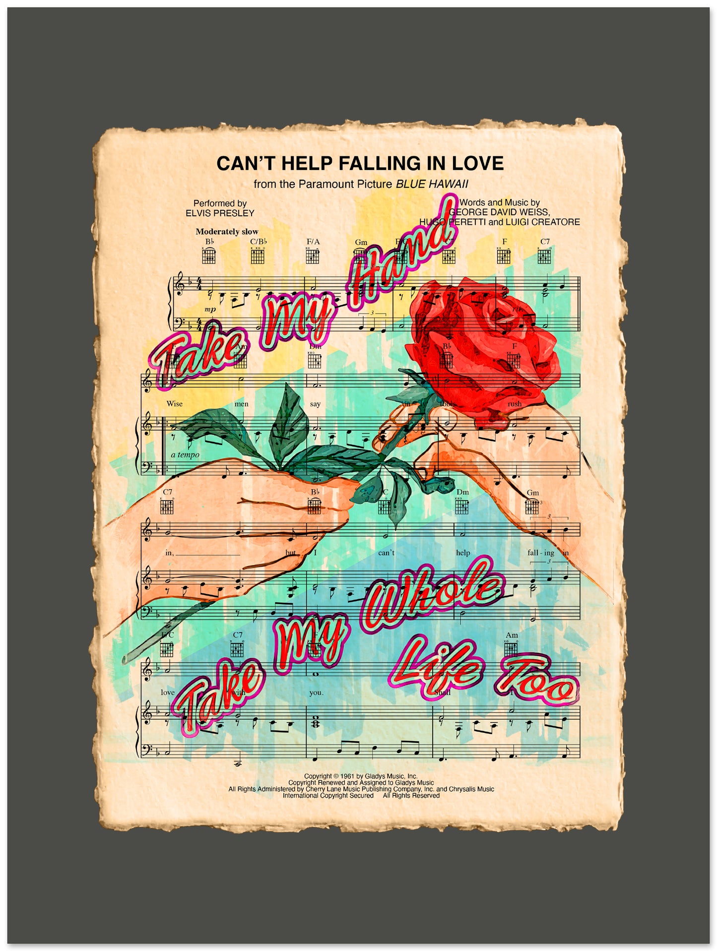 Sheet music with hands holding a rose and romantic text on a dark background