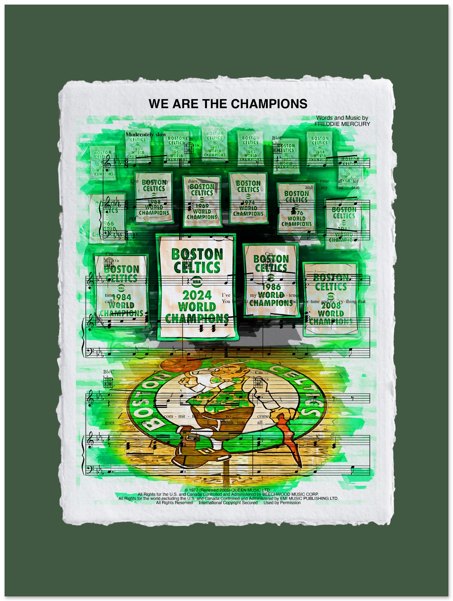 Framed artwork celebrating the Boston Celtics 2024 World Champions with green and white design.