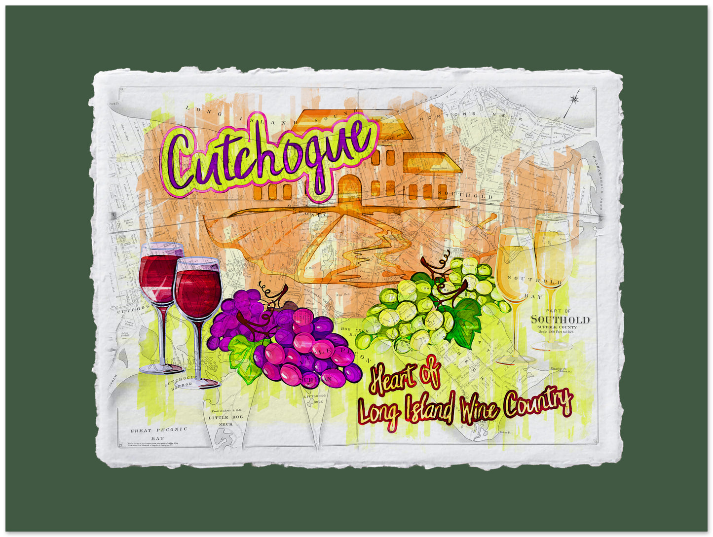 Wine-themed placemat with 'Cutchogue' and grape design on a green background