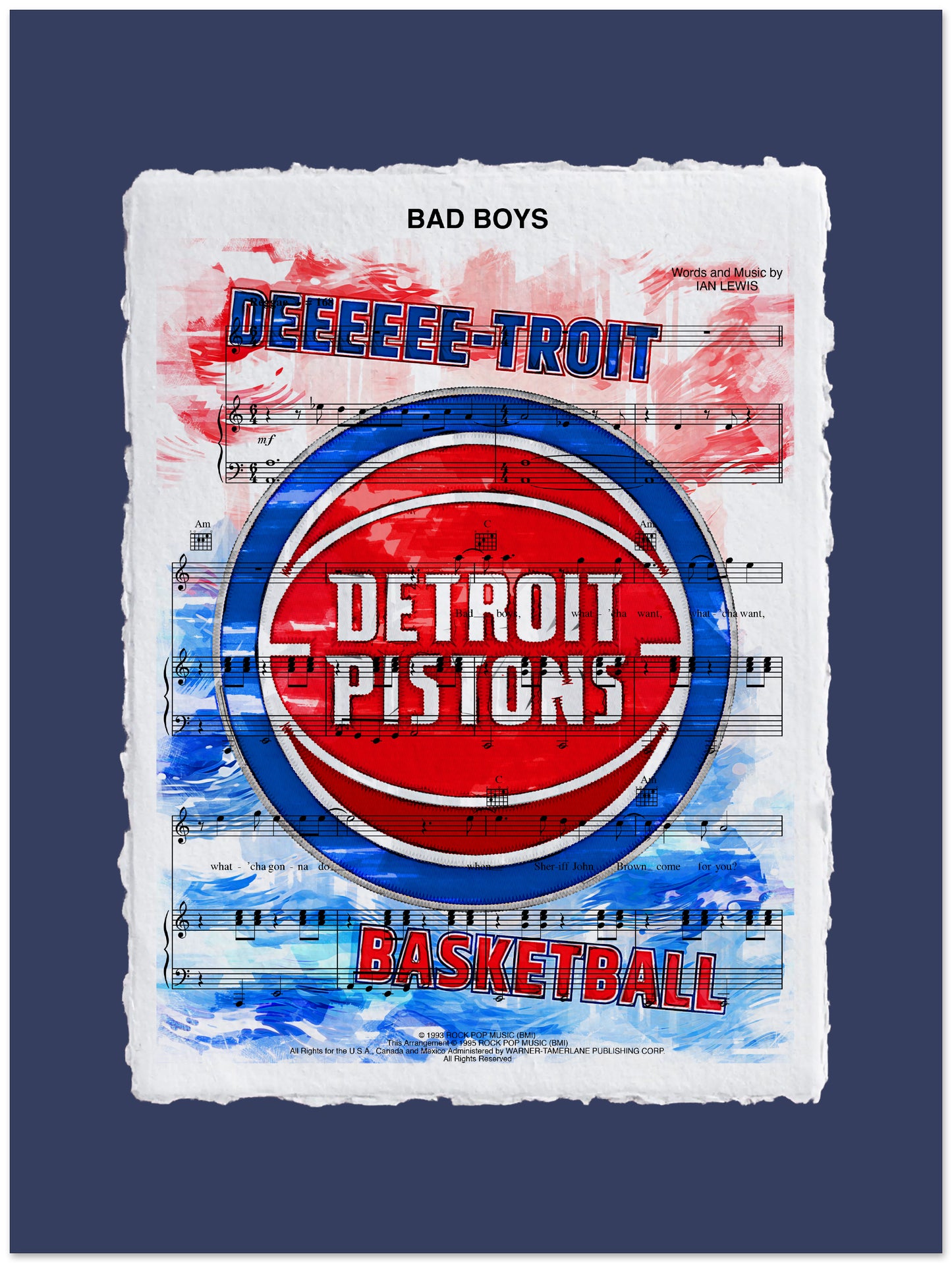 Detroit Pistons basketball poster with musical notes and text on a dark blue background