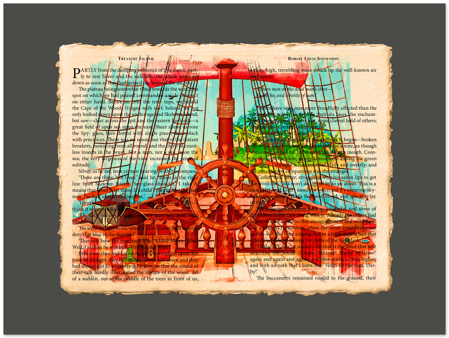 Colorful ship illustration on a textured background with text overlay