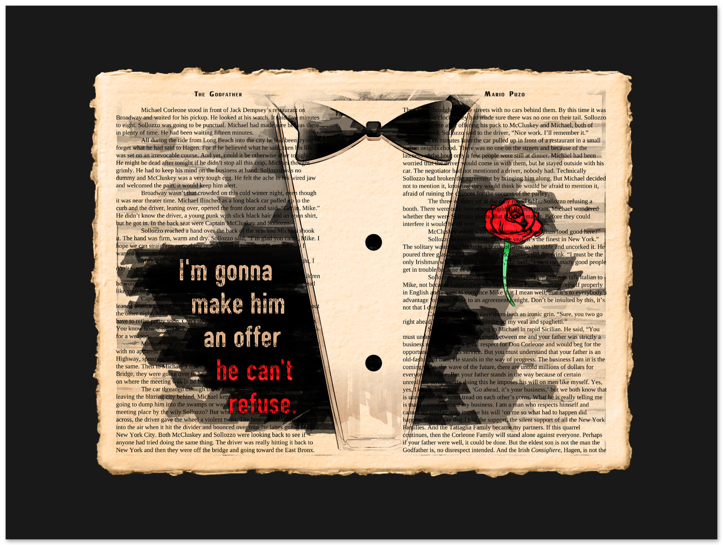 Tuxedo with a red rose and text on an old newspaper background
