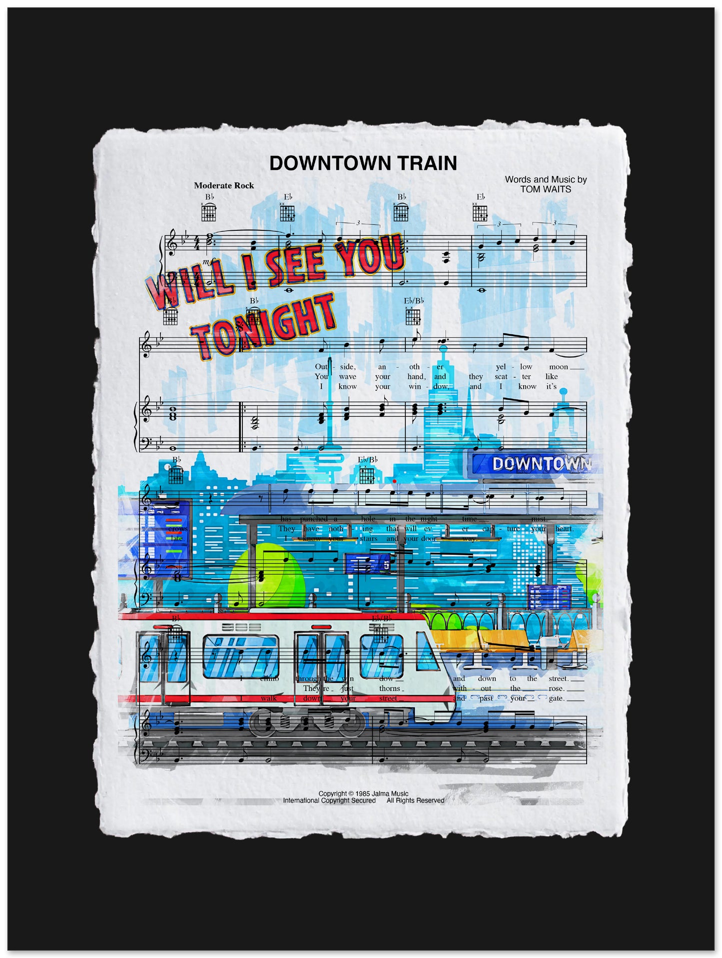 Sheet music cover for 'Downtown Train' with train illustration and cityscape