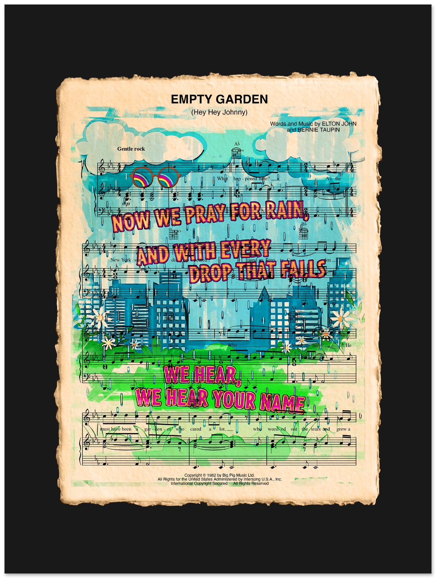 Colorful poster with text and musical notes titled 'Empty Garden' on a black background