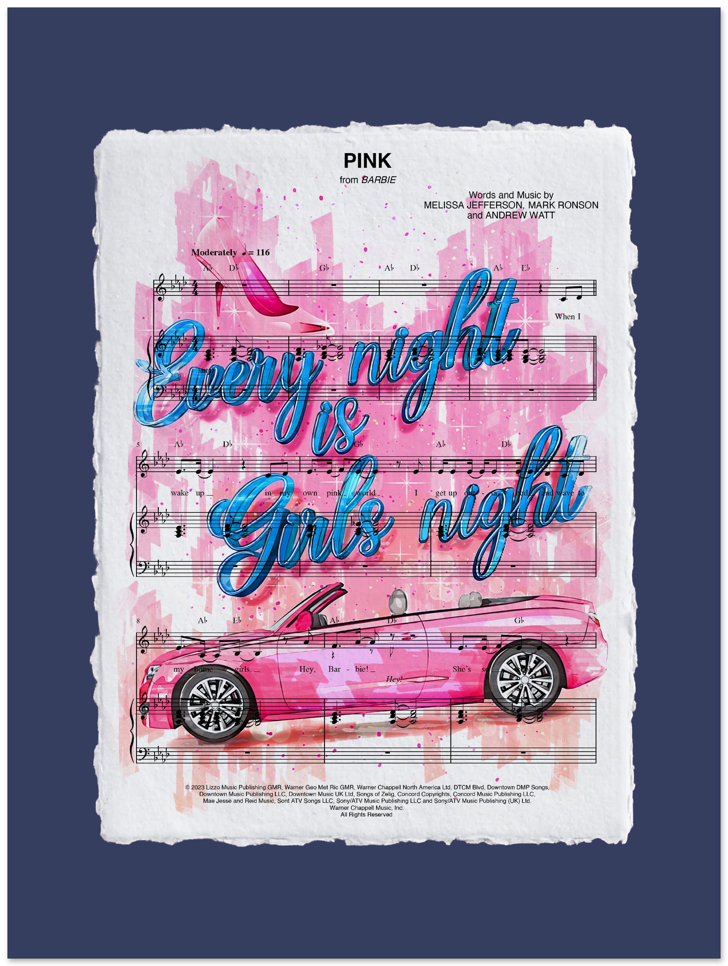 Sheet music with 'Every night is girls night' text and a pink car illustration on a blue background.