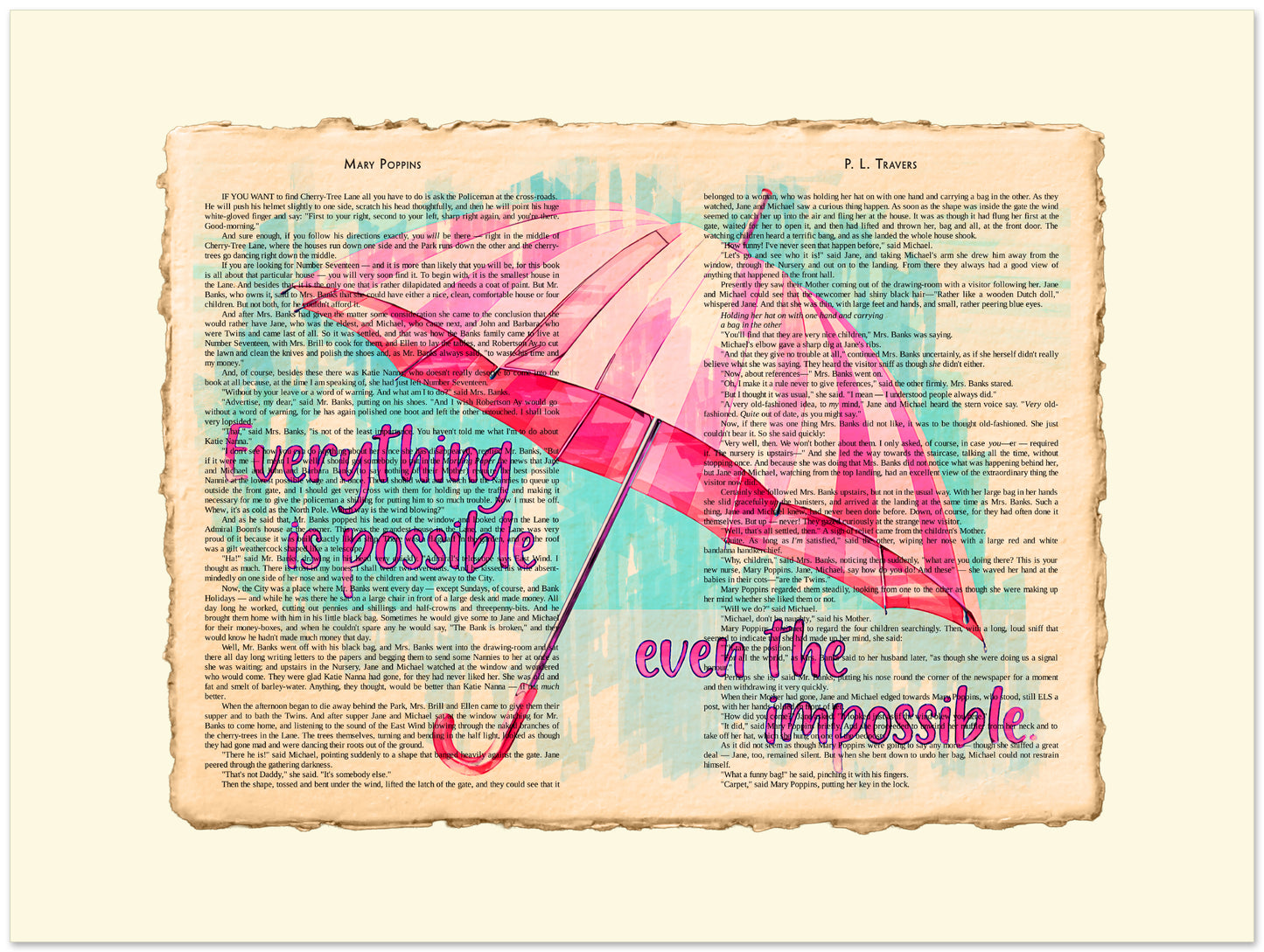 Pink umbrella with motivational quote on a vintage book page background