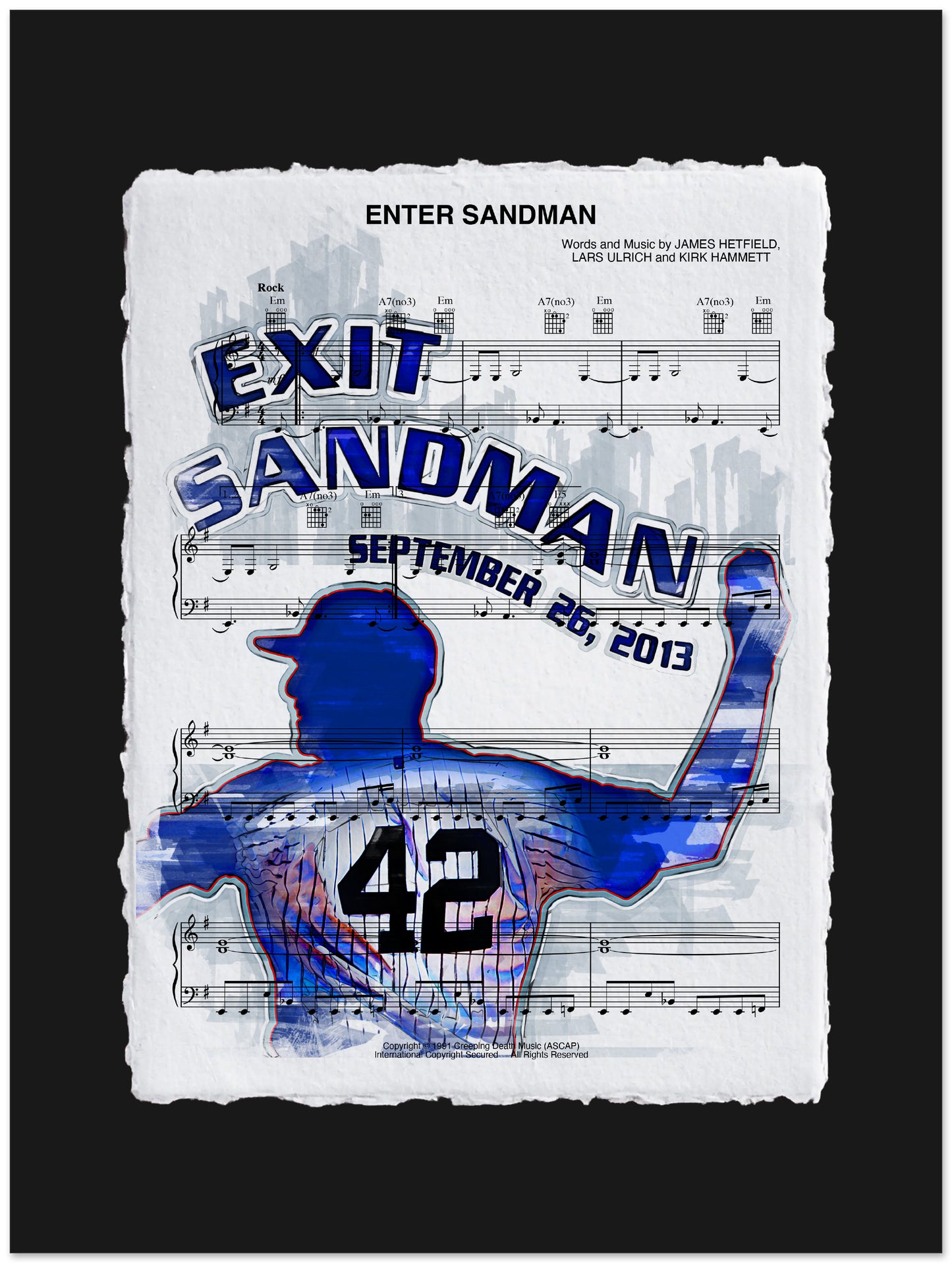 Poster with 'Exit Sandman' text, silhouette of a baseball player, and musical notes on a white background.