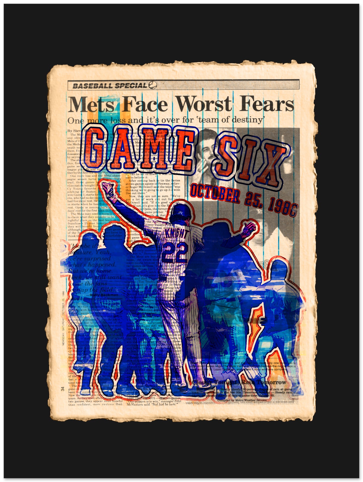 Newspaper-style graphic with baseball player and text about Game Six of a series.