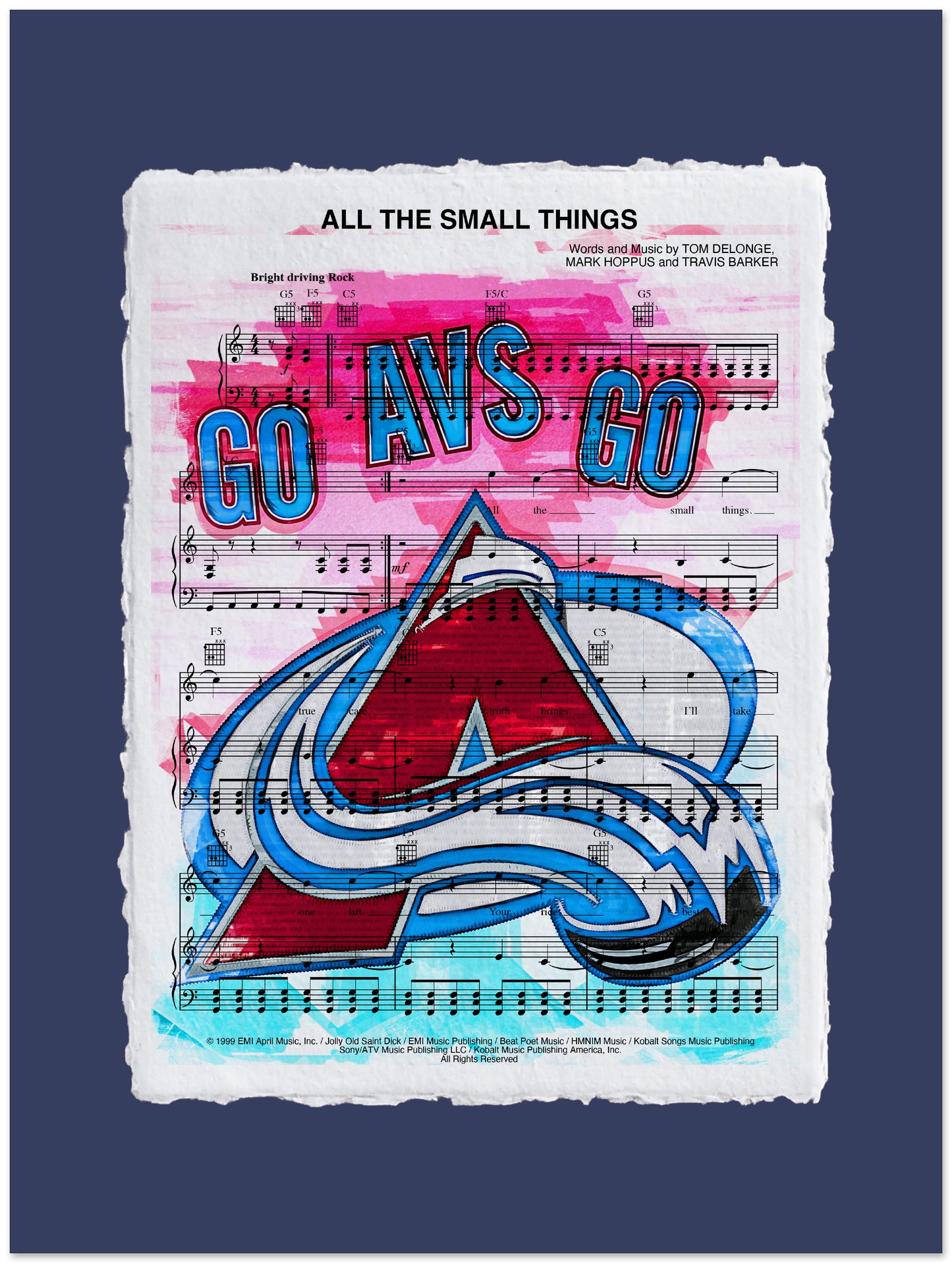 Artistic design with 'GO AVS GO' text and a logo on sheet music, against a dark blue background.