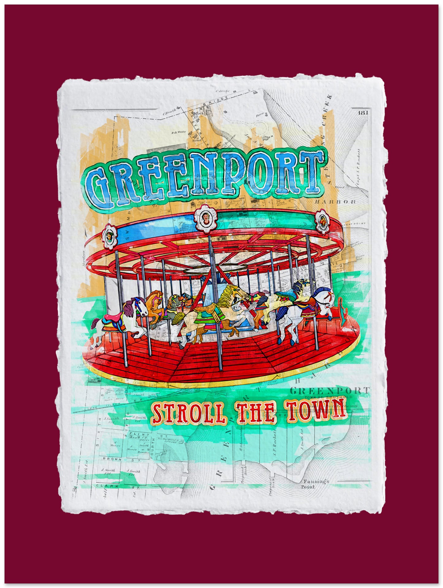 Colorful illustration of a carousel with 'Greenport Stroll the Town' text on a map background.