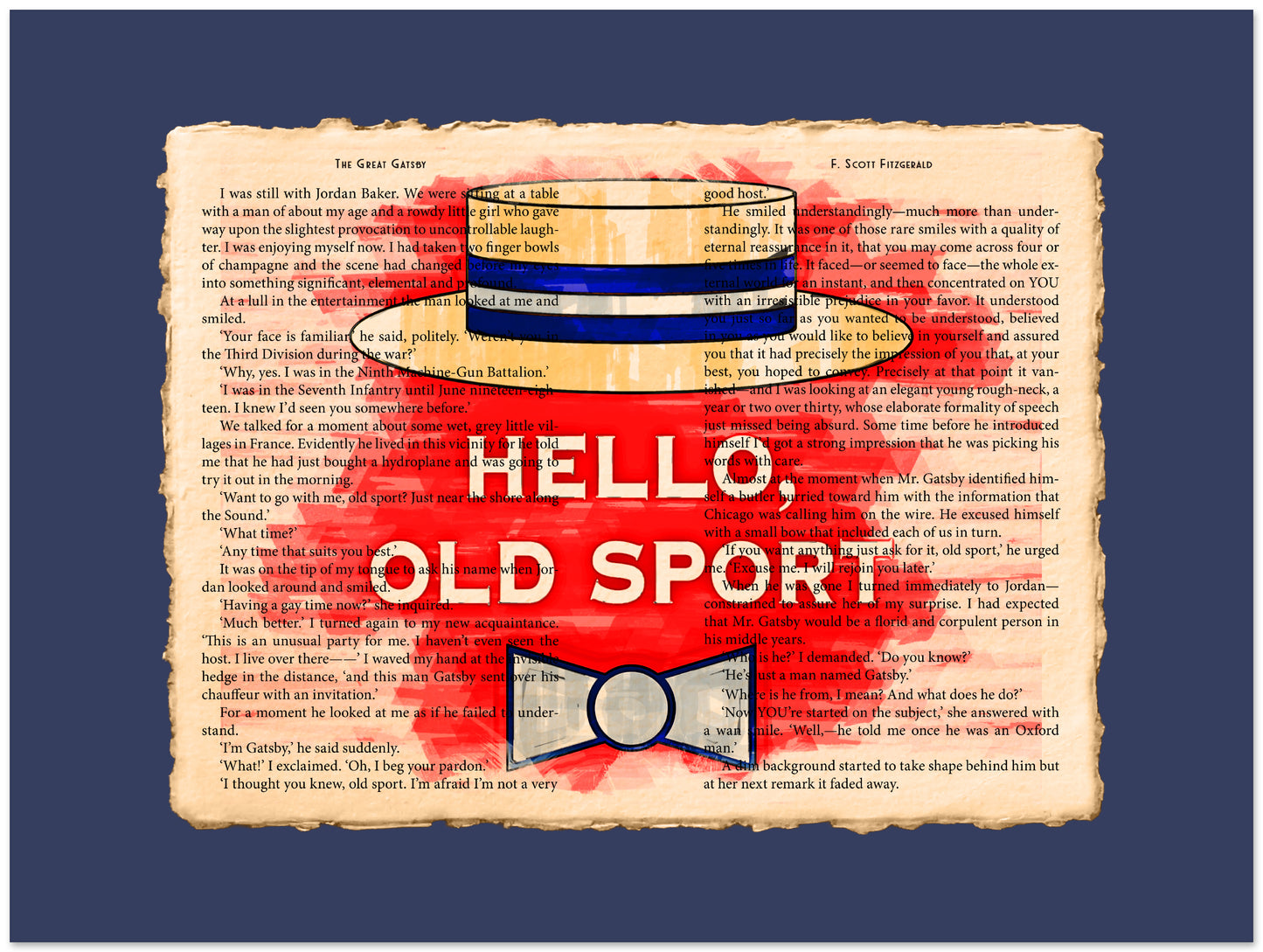 Vintage-style text collage with a bowler hat and 'Hello, Old Sport' text on a blue background