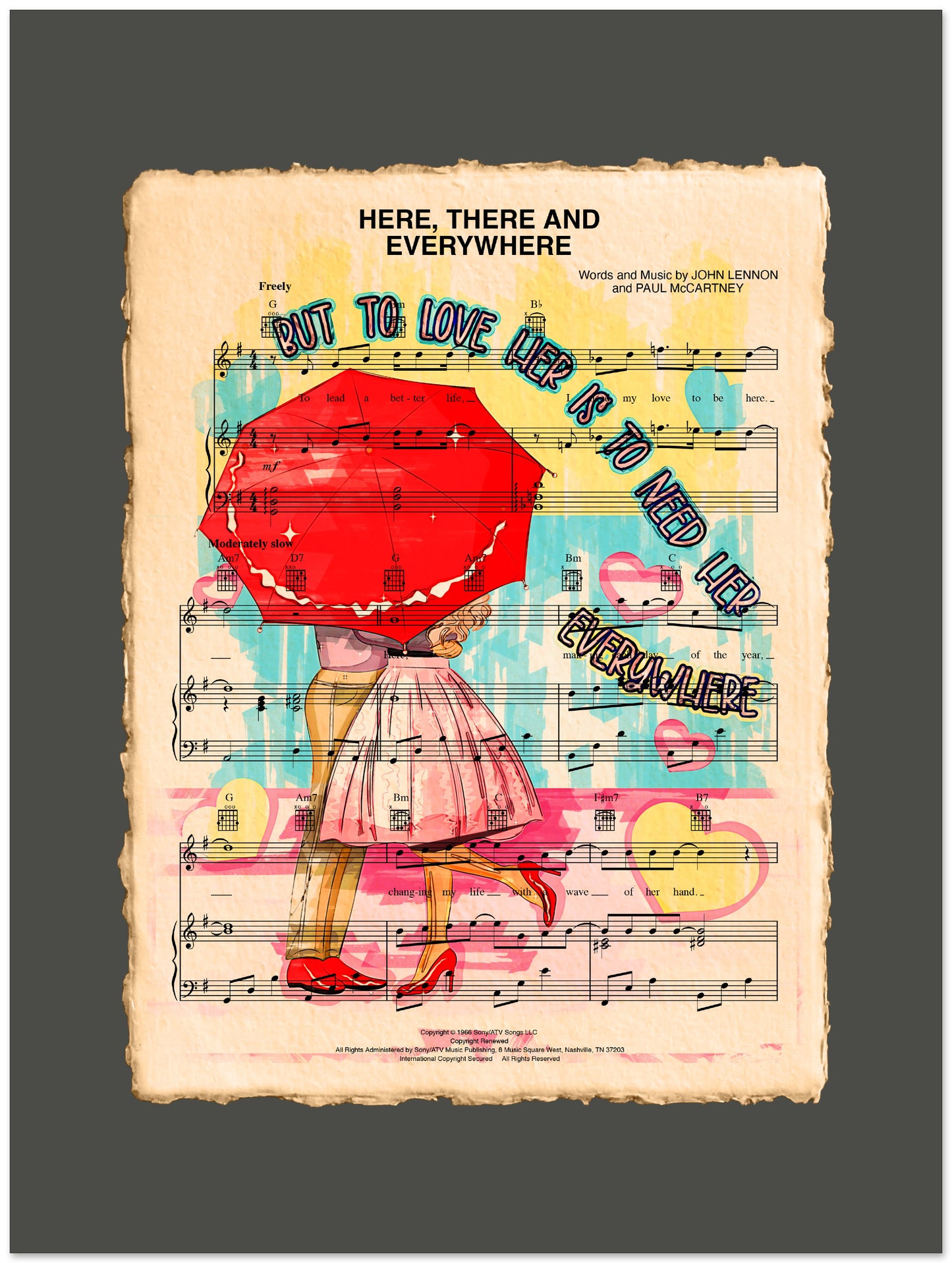 Sheet music cover with a stylized illustration of a couple and a red heart, on a dark background.