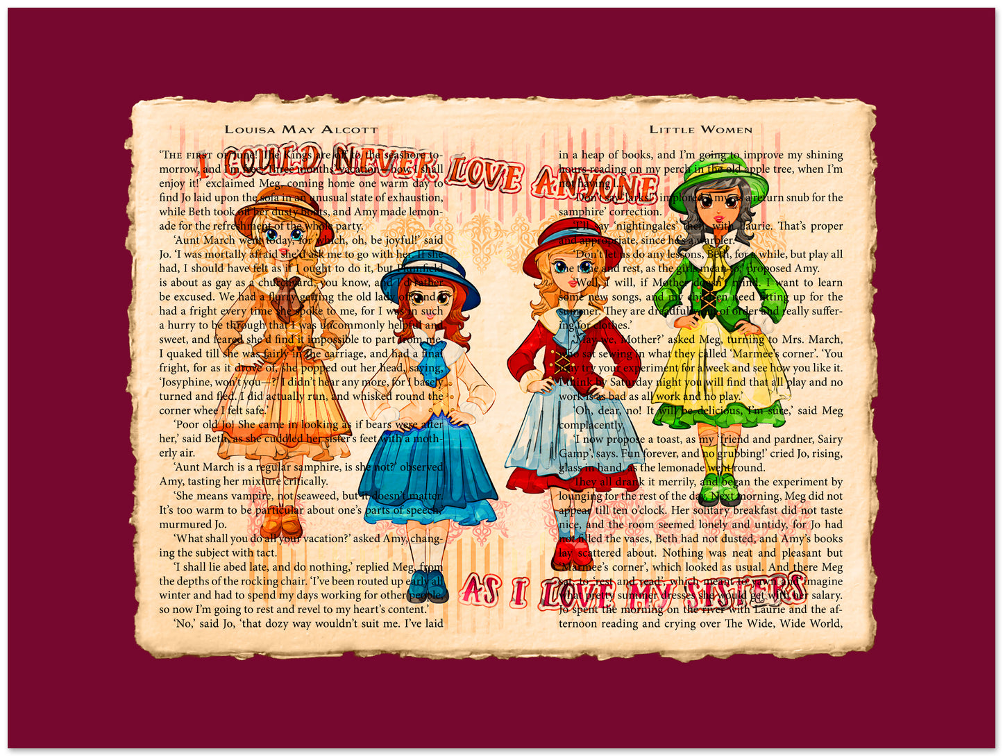 Illustration of four characters from 'Little Women' on a book page background with text.