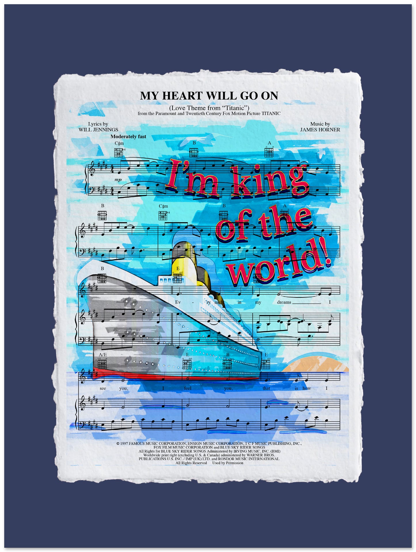 Sheet music with text 'My Heart Will Go On' and 'I'm King of the World!' on a blue background