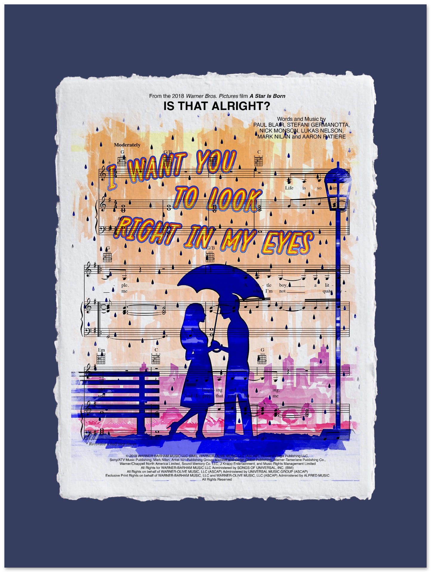 Artistic design with silhouette of a couple under an umbrella, sheet music, and text on a blue background