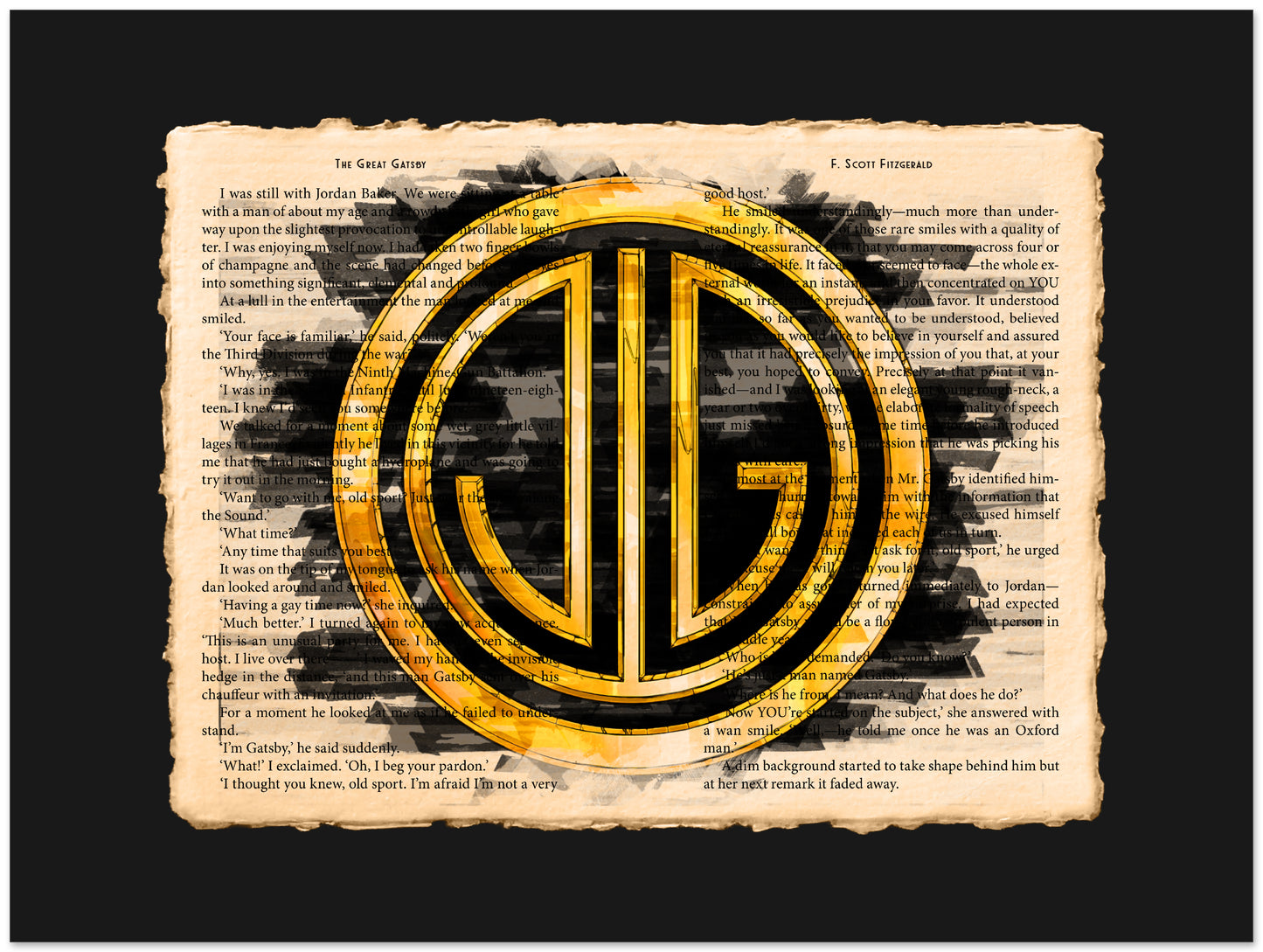 Gold and black circular logo on a textured paper background