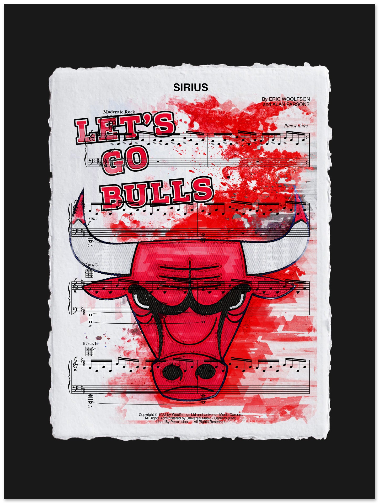 Chicago Bulls logo with 'Let's Go Bulls' text on sheet music background