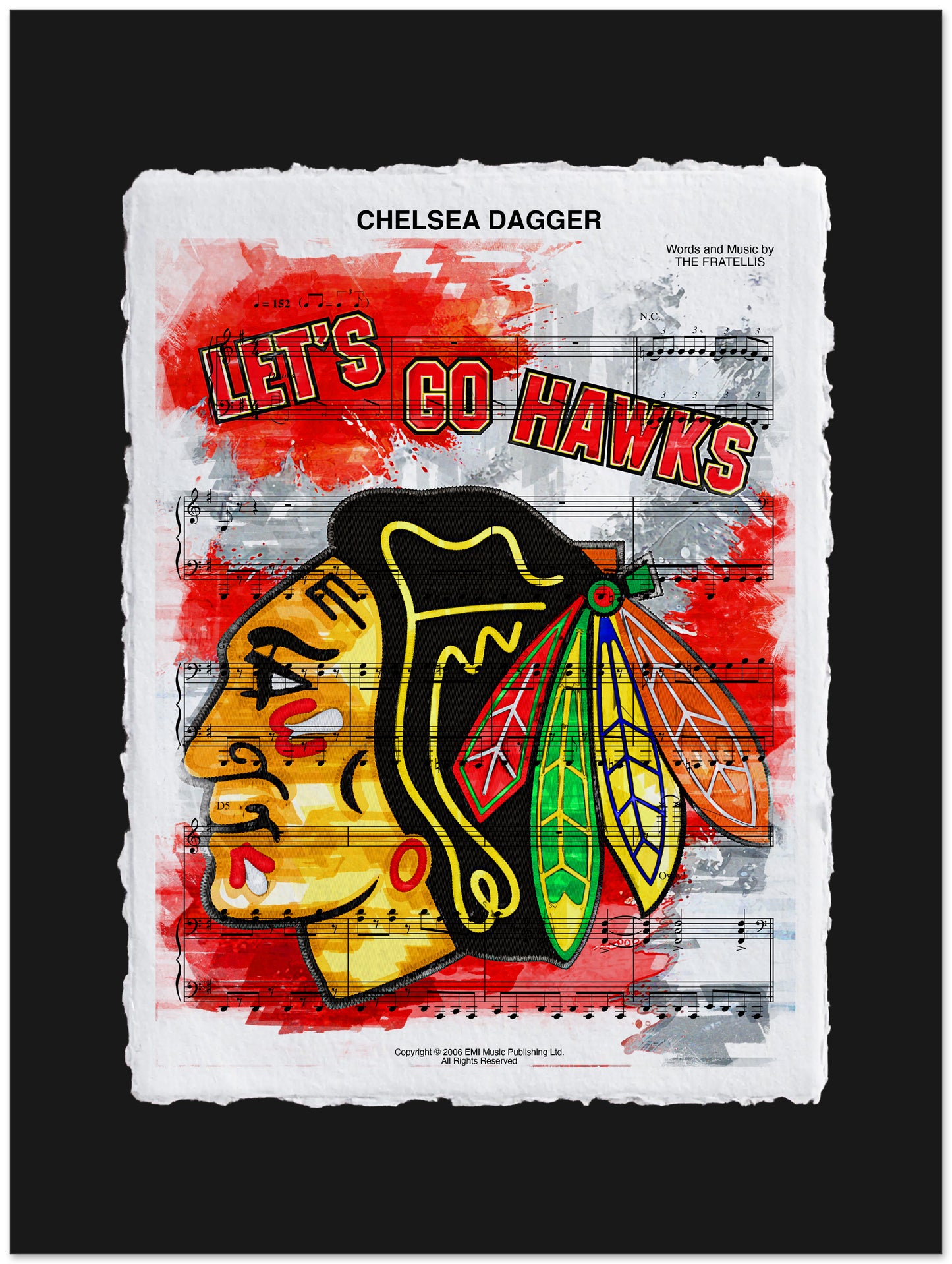 Music sheet cover with 'Let's Go Hawks' text and Chicago Blackhawks logo