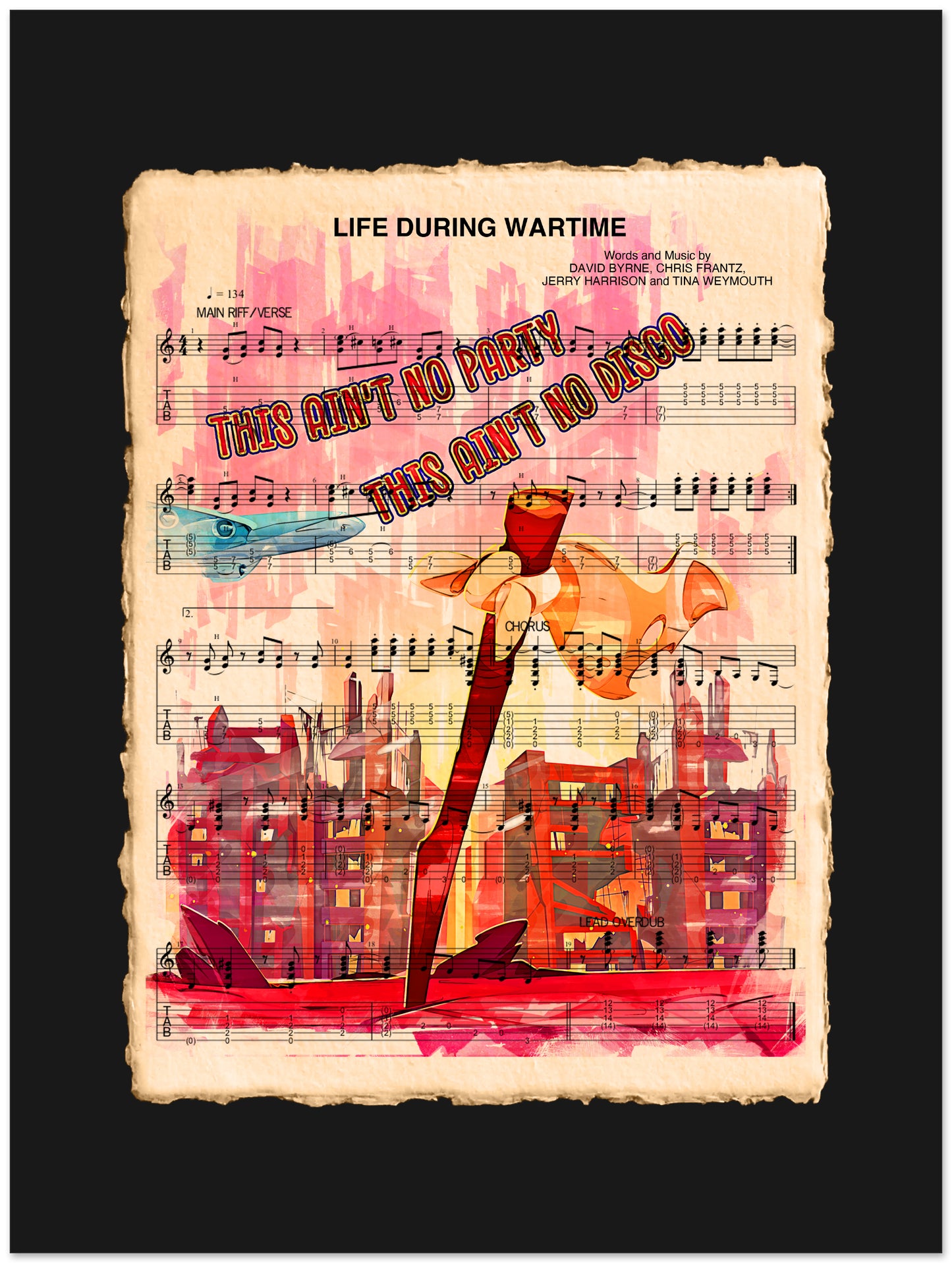 Sheet music with a saxophone illustration and text overlay on a black background