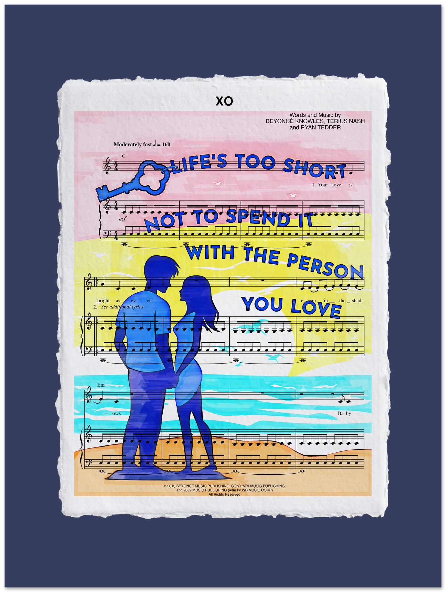Artistic depiction of a couple embracing with musical notes and text on a blue background