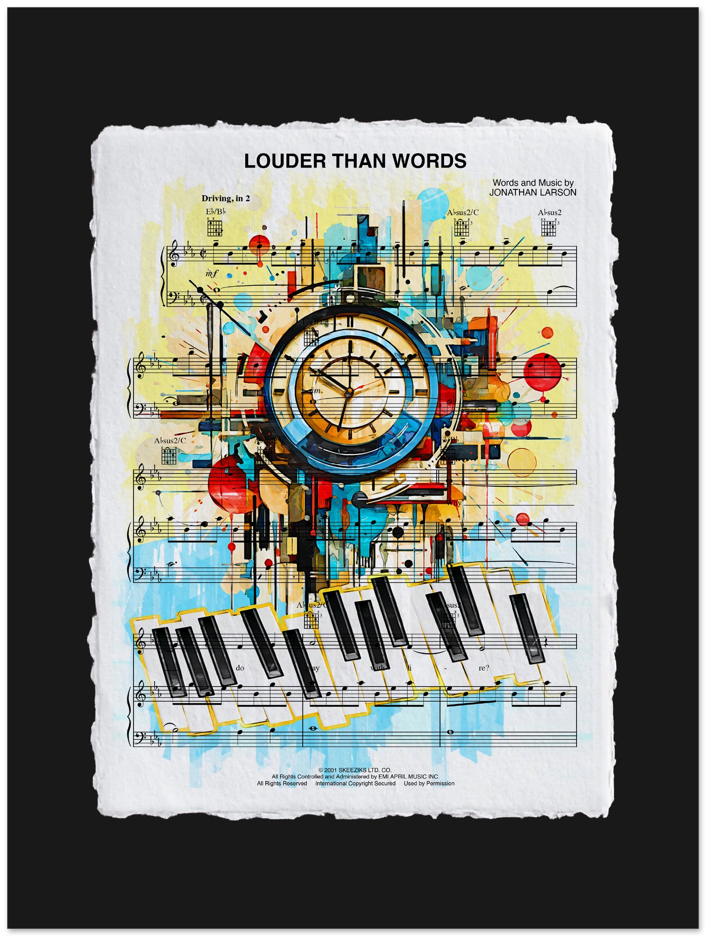 Colorful abstract design with musical elements and text on a white background