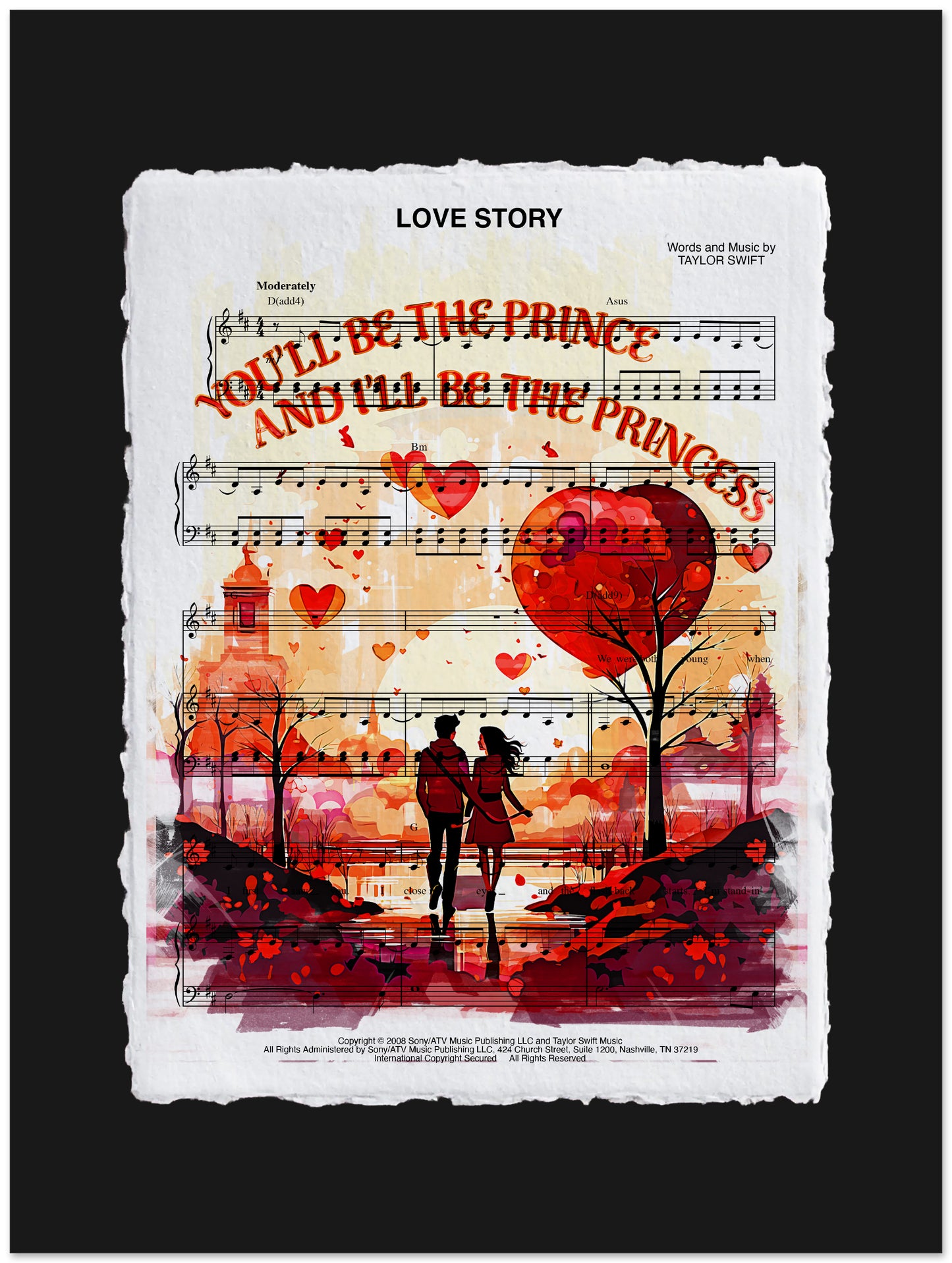 Sheet music cover with romantic illustration of a couple and heart-shaped balloons on a black background