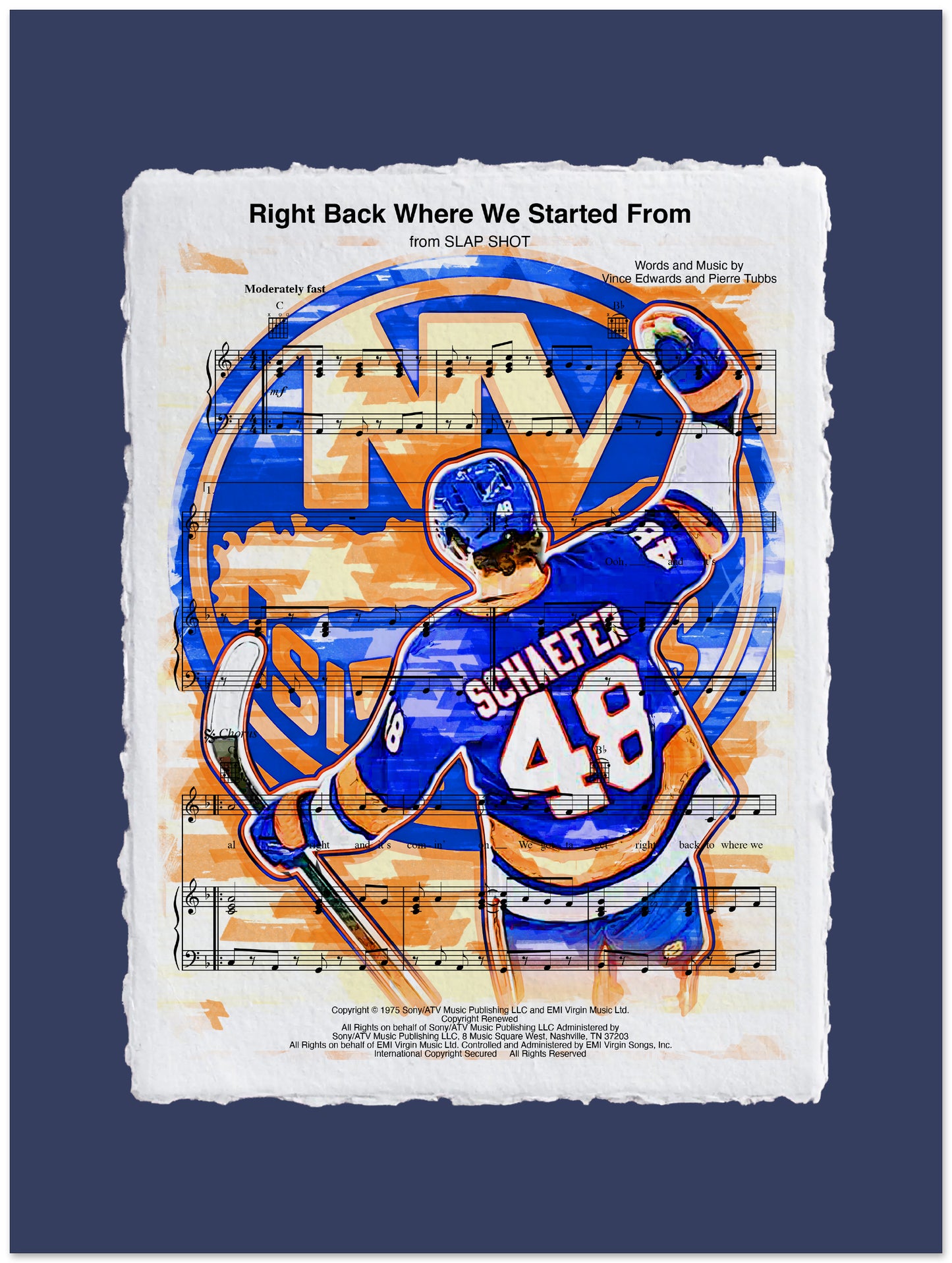 Music sheet with hockey player design and text on a blue background