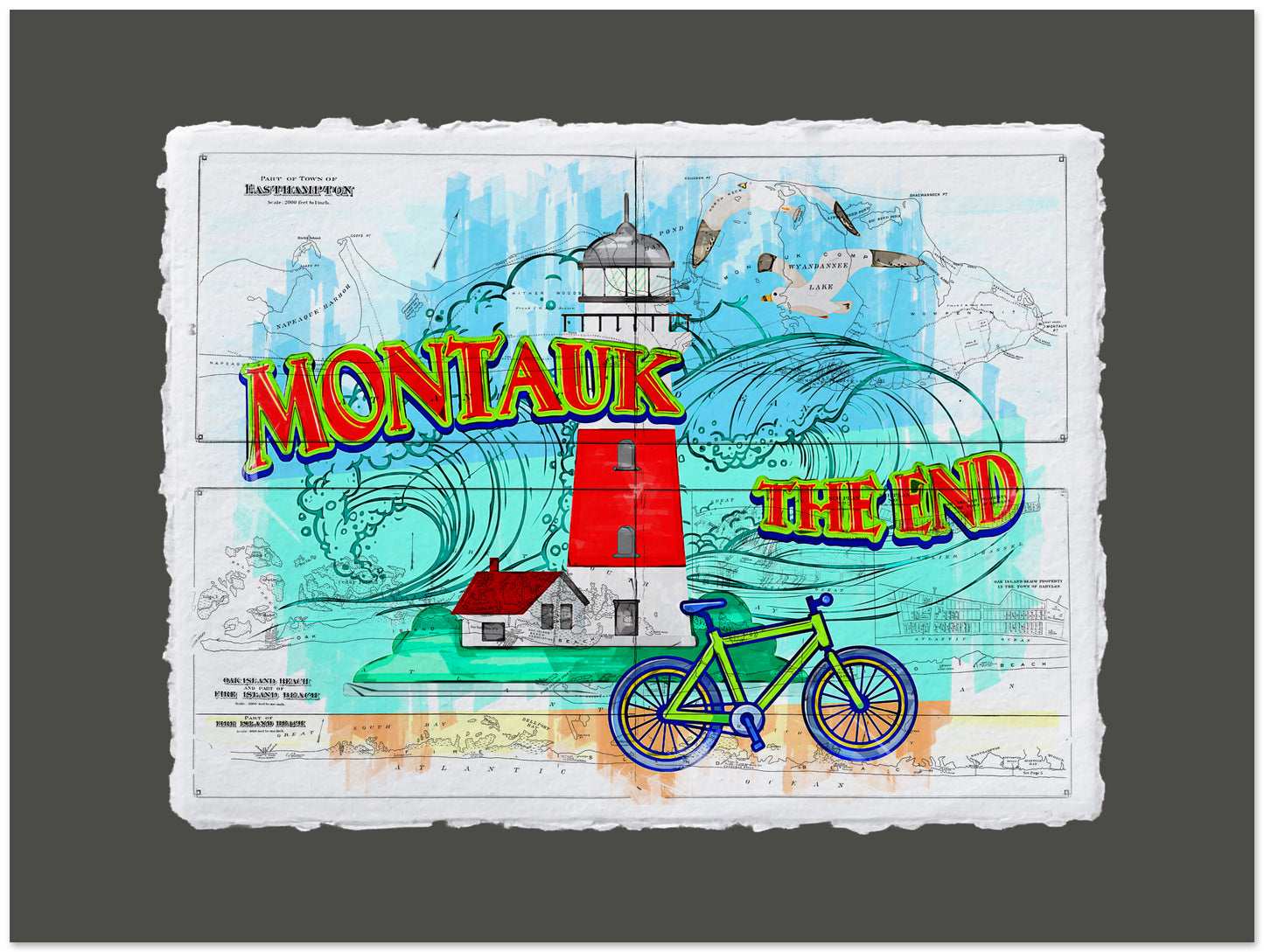 Colorful illustration of a lighthouse, bicycle, and text 'Montauk The End' on a gray background