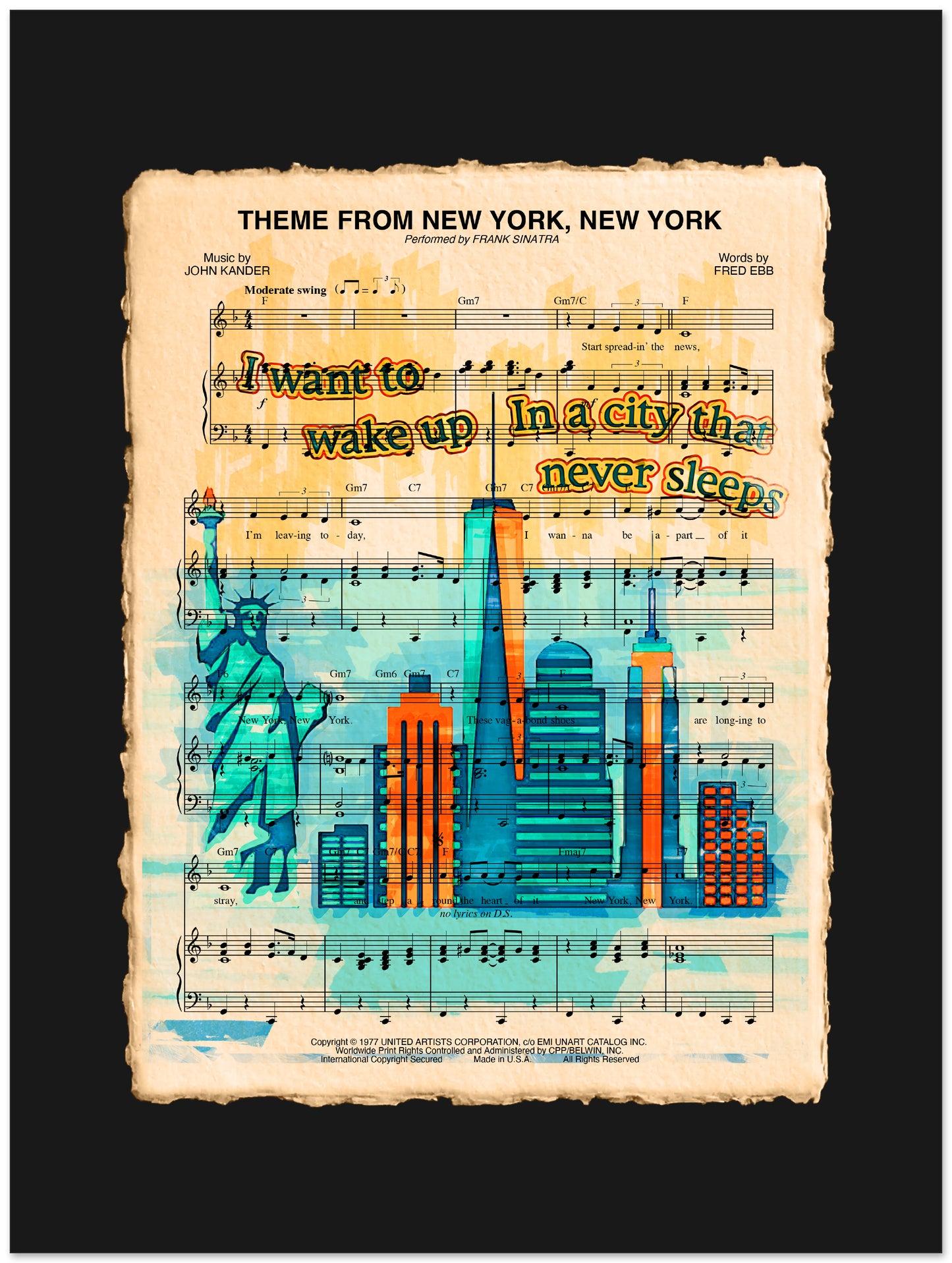 Sheet music with a cityscape illustration and text on a black background