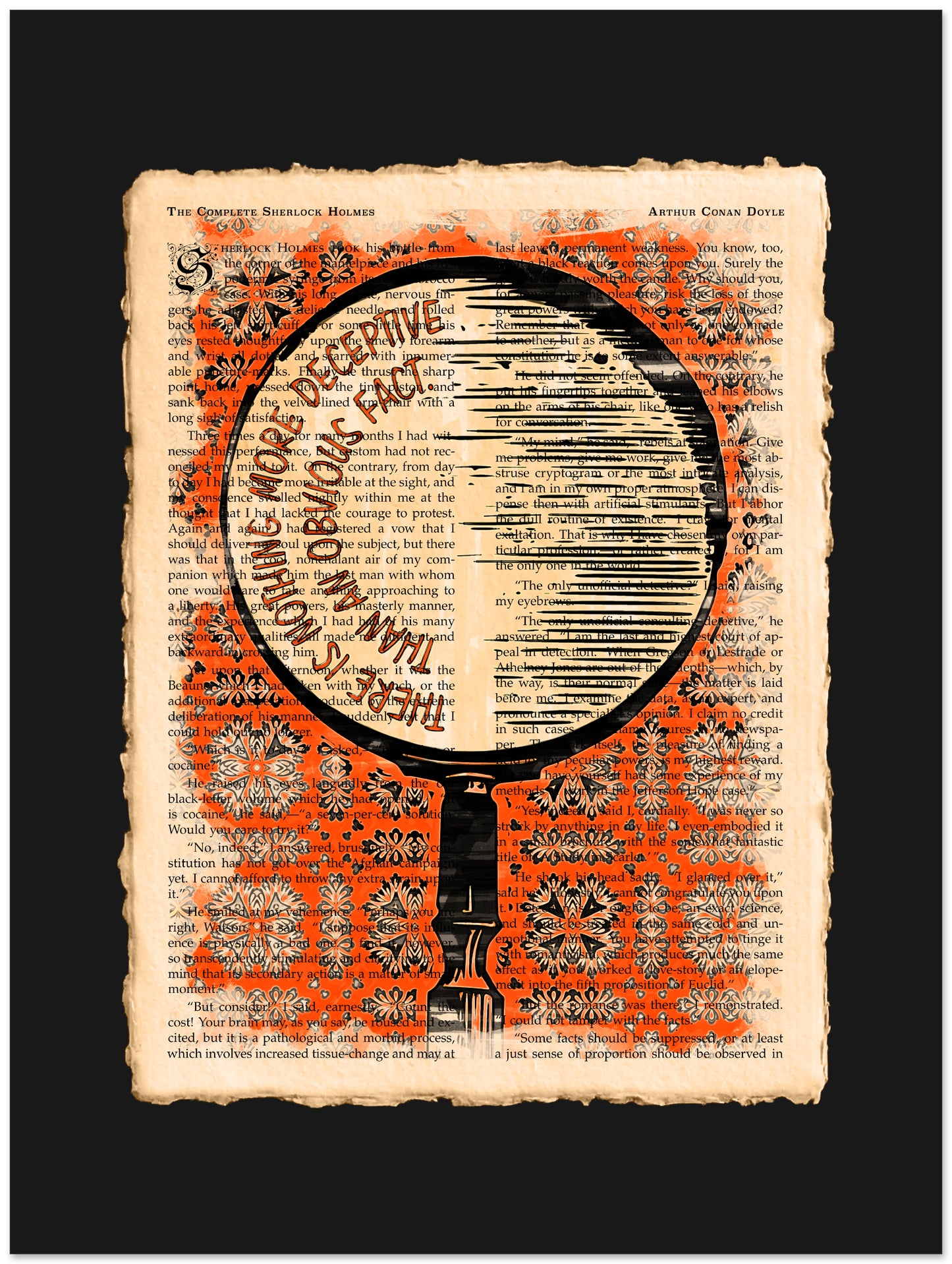 Vintage-style newspaper with a magnifying glass graphic on a black background