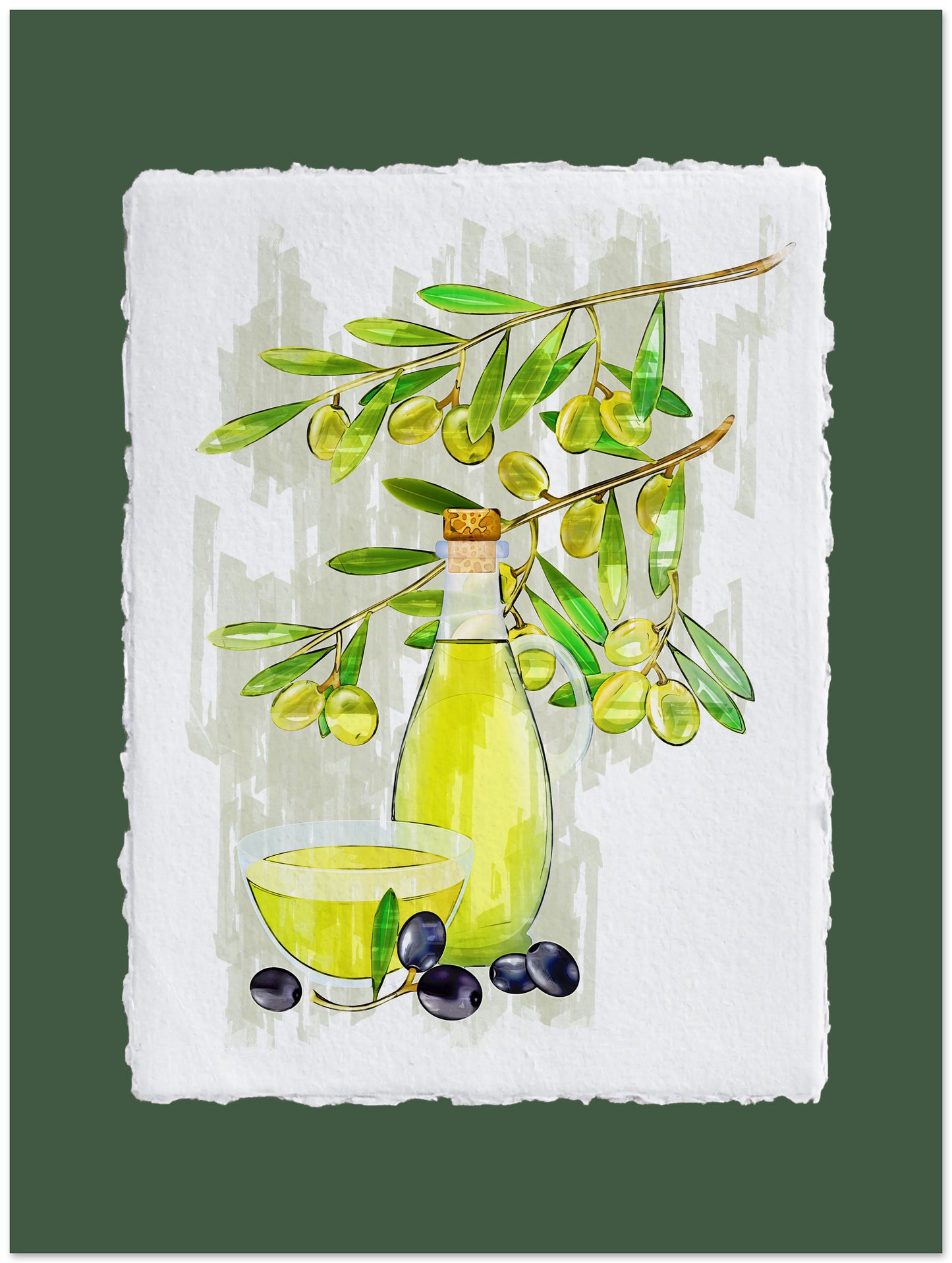 Illustration of olive oil bottle and bowl with olives on a textured white background