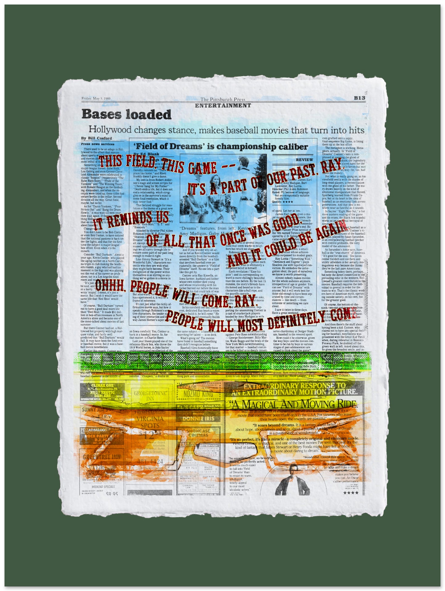Newspaper with a sports headline and graphic design on a green background