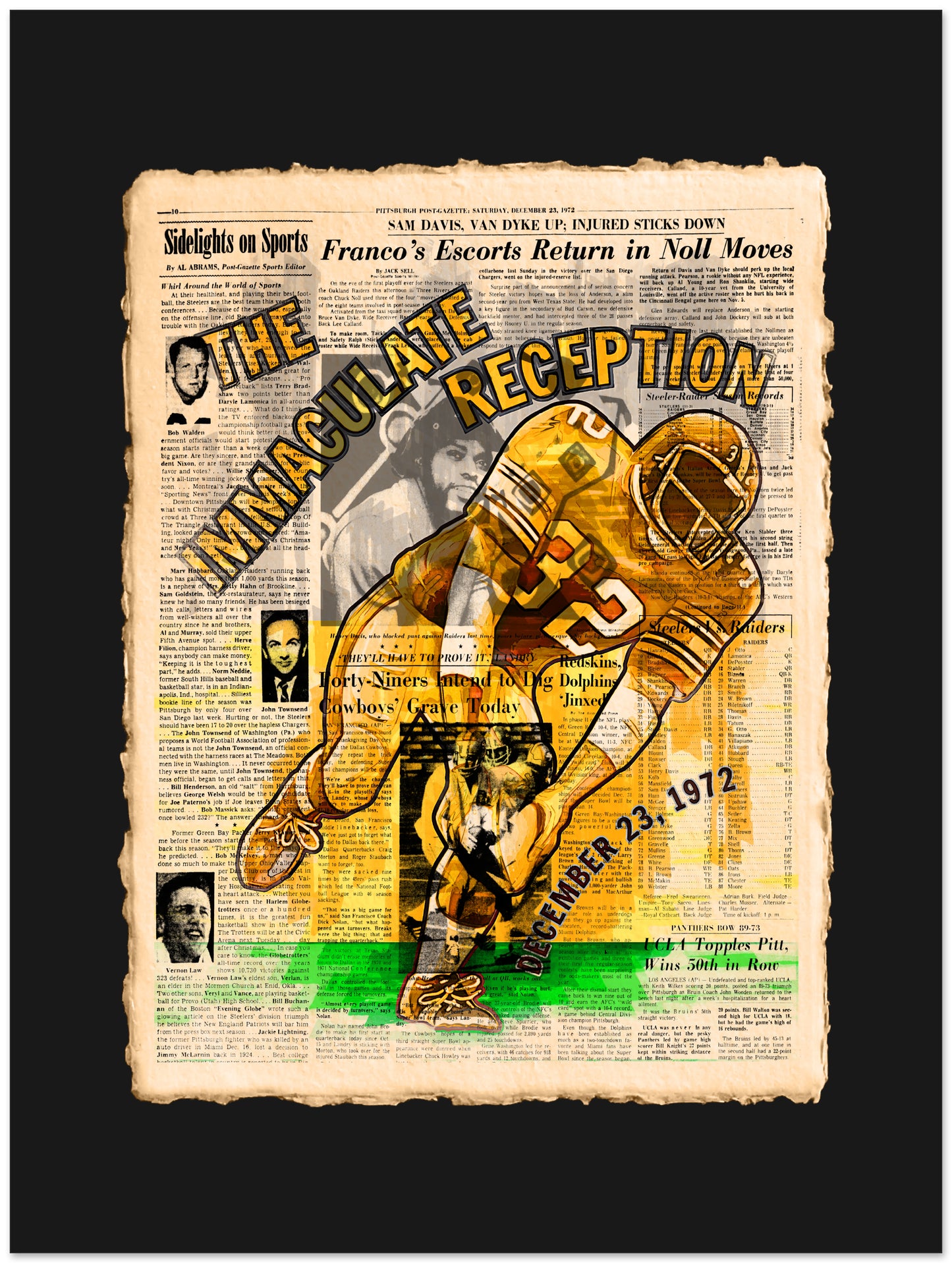 Vintage-style sports poster with a football player and text on a newspaper background