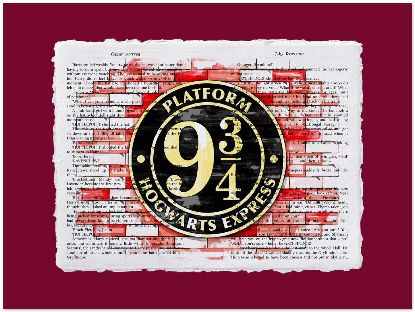 Decorative sign with 'Platform 9 3/4 Hogwarts Express' on a red background