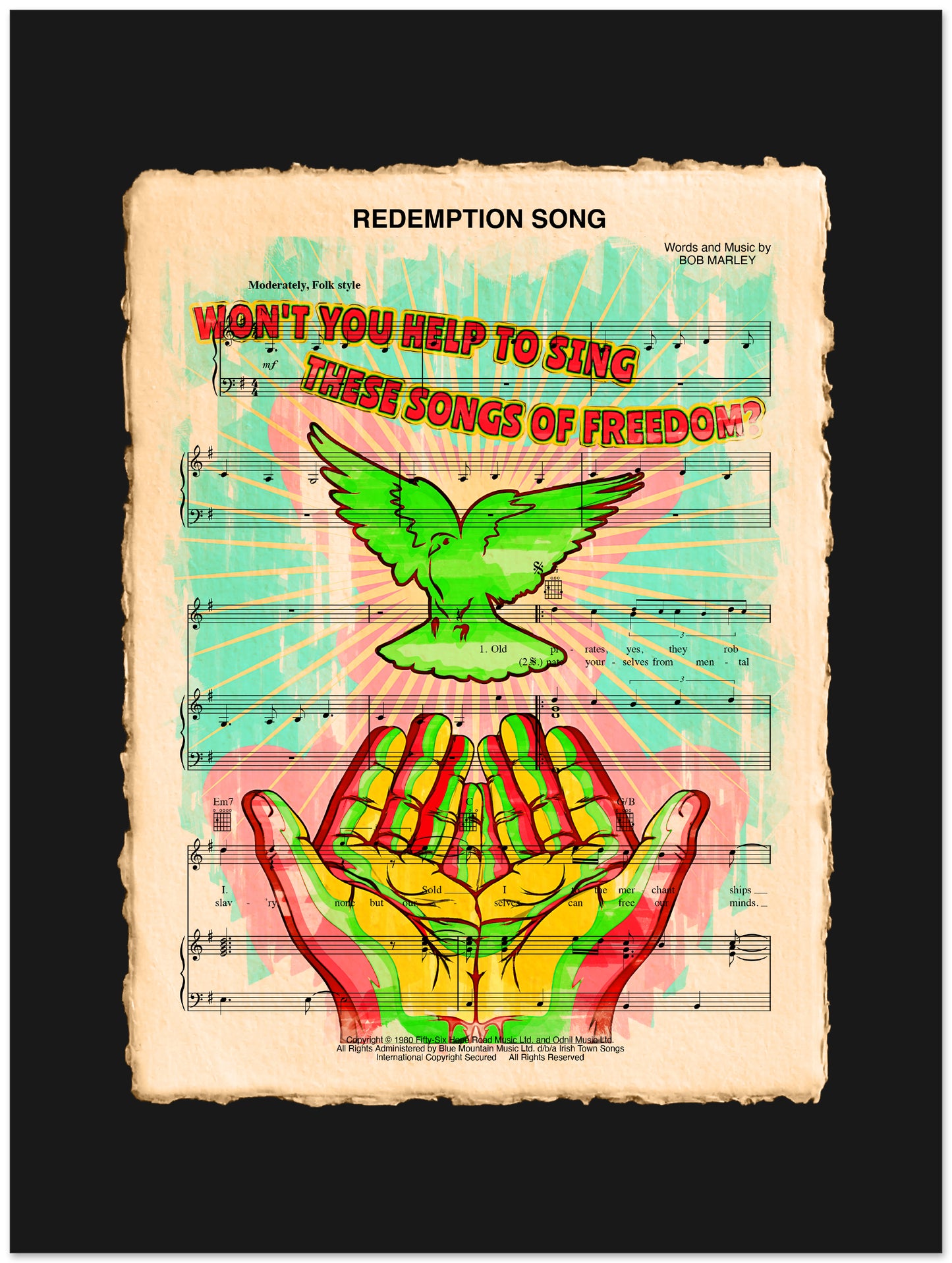 Sheet music cover with a green dove and colorful hands on a black background