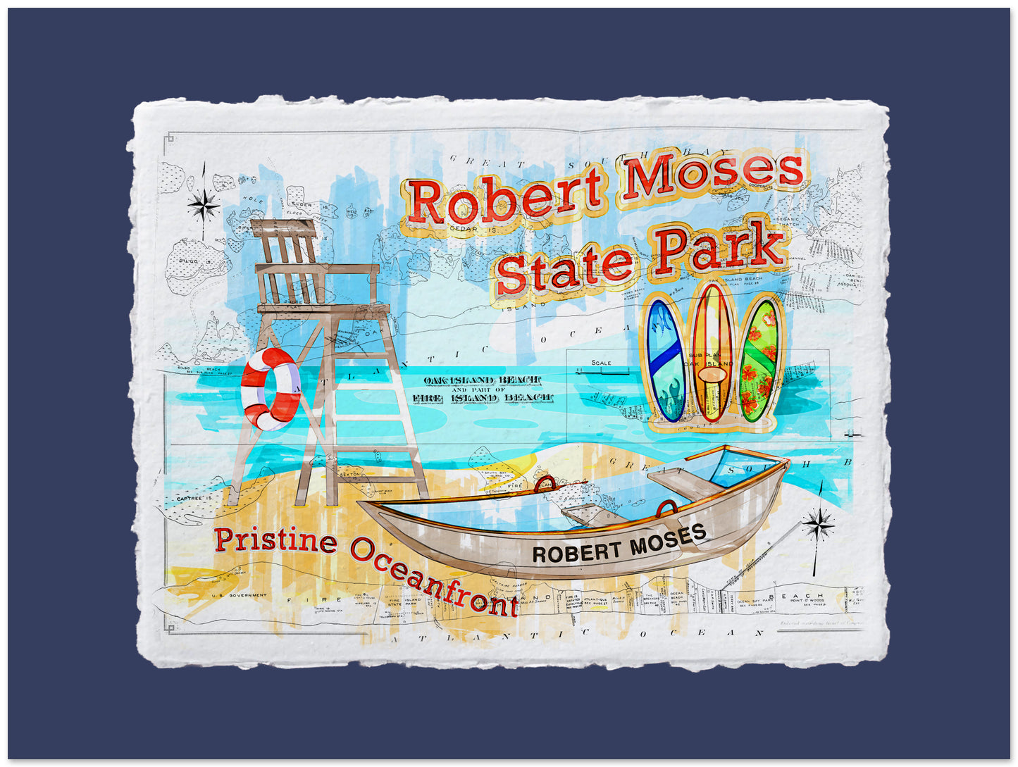 Poster of Robert Moses State Park with a lifeguard tower, boat, and beach elements on a blue background.