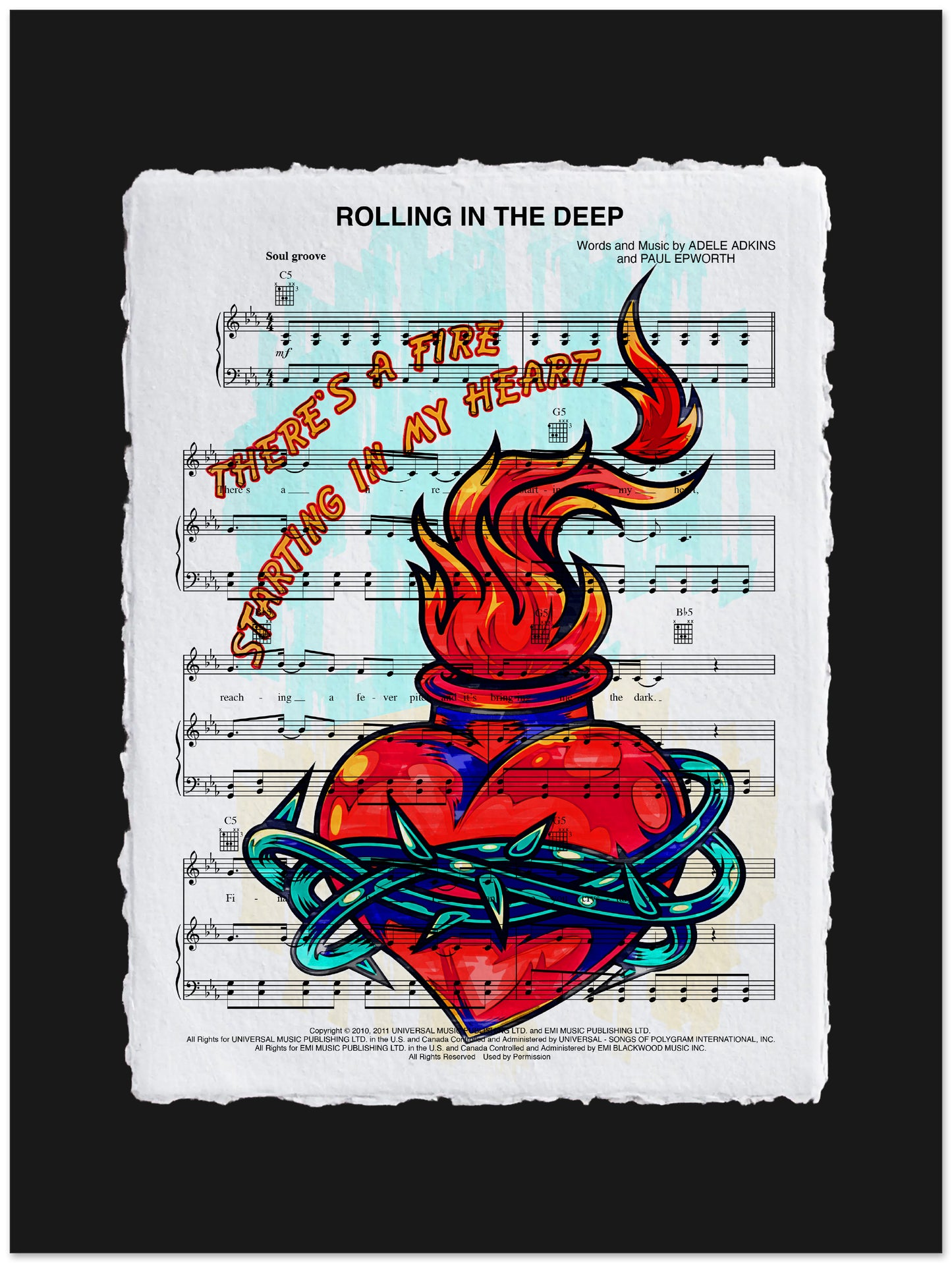 Colorful illustration of a heart with flames on sheet music background
