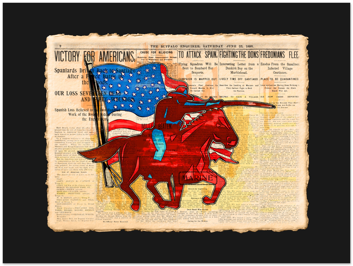 Illustration of a red horse with a rider holding an American flag on a newspaper background