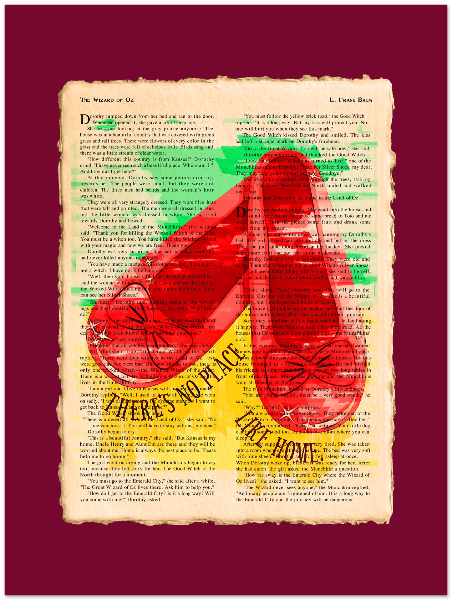 Red shoes with a bow on a vintage book page background