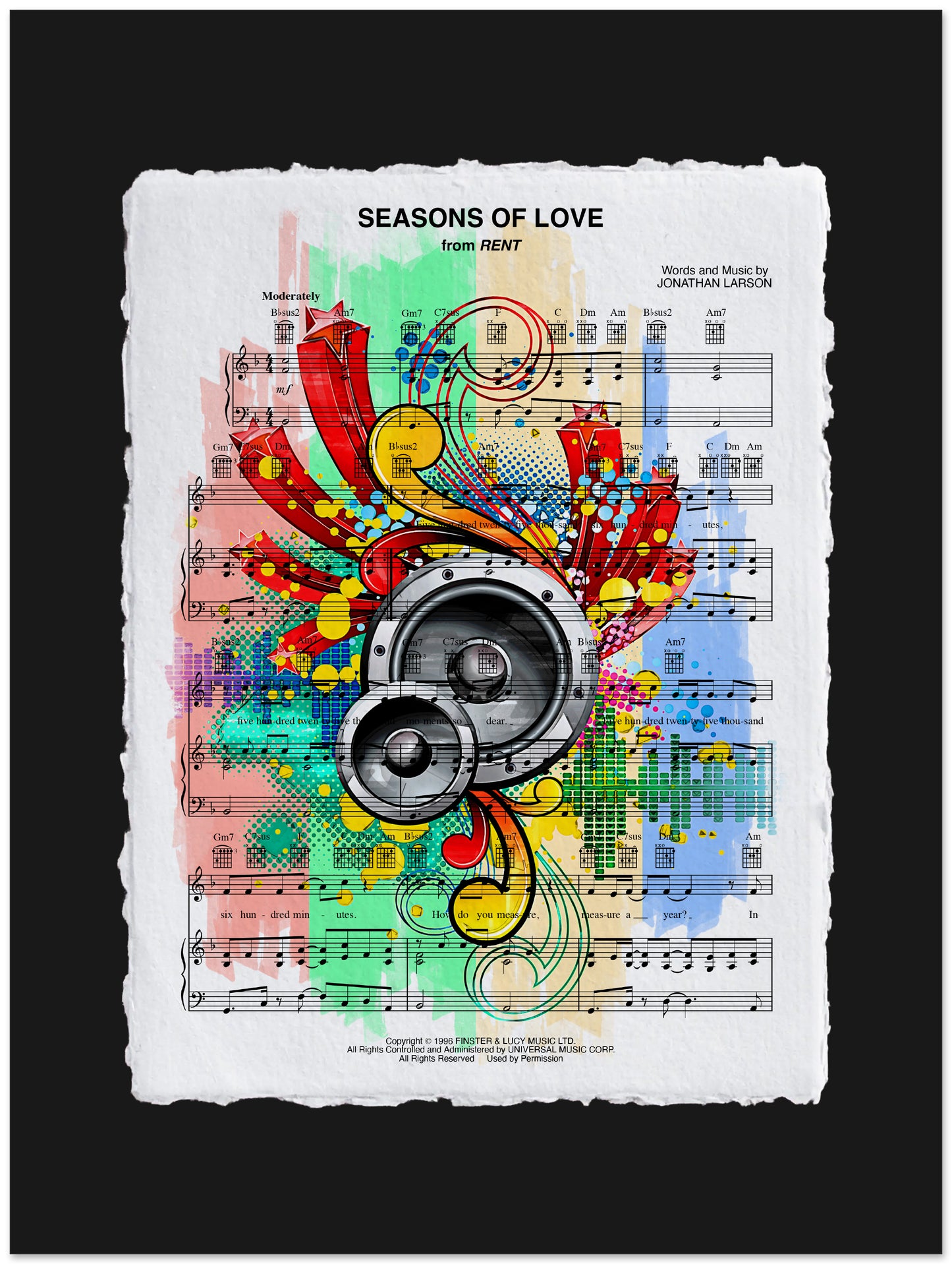 Colorful abstract design on sheet music with a treble clef and musical notes.