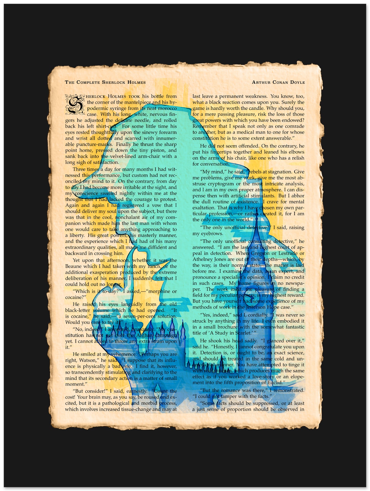 Artistic depiction of a castle silhouette on a book page with blue and yellow colors.