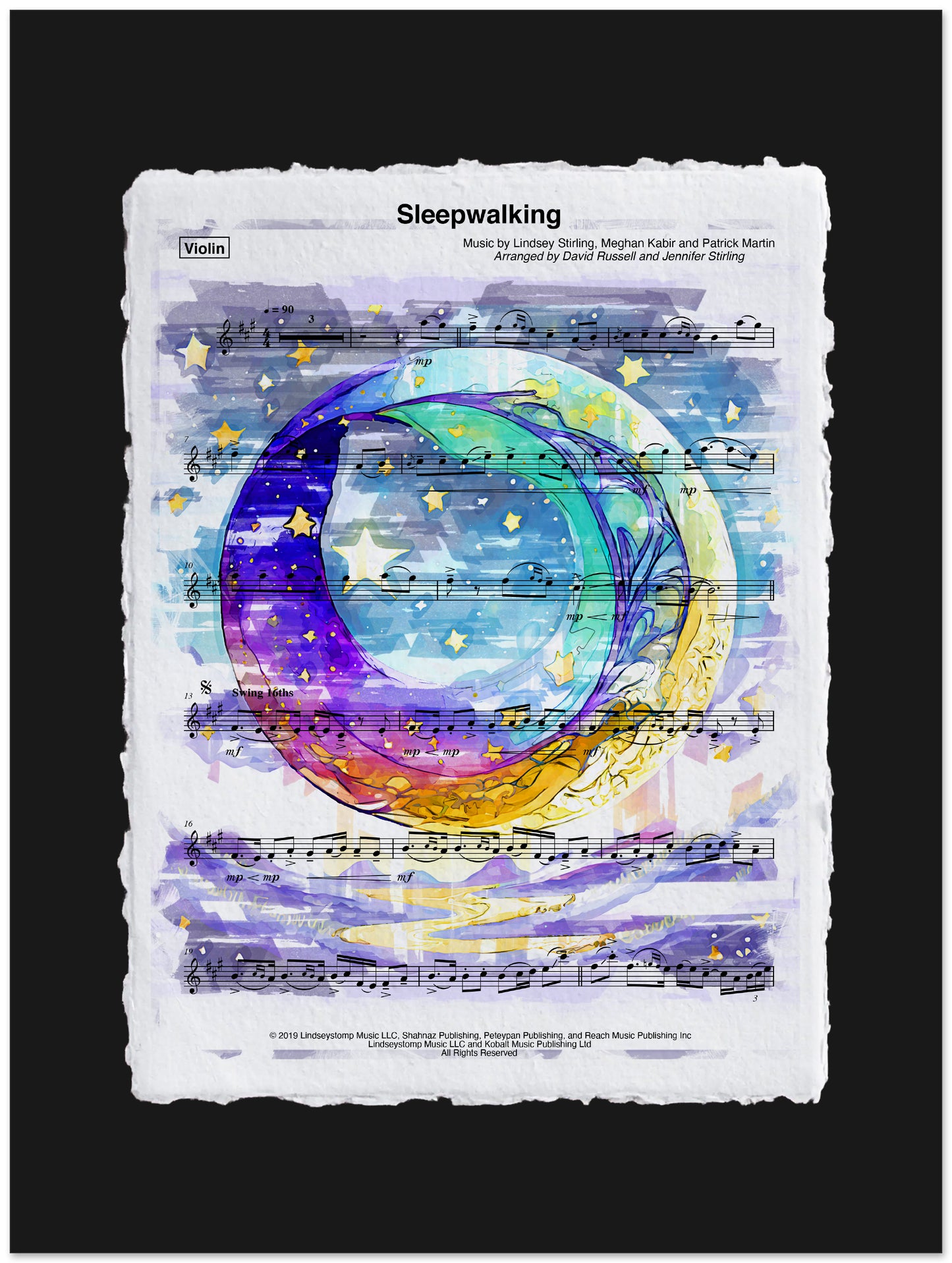 Sheet music with a colorful abstract design on a black background