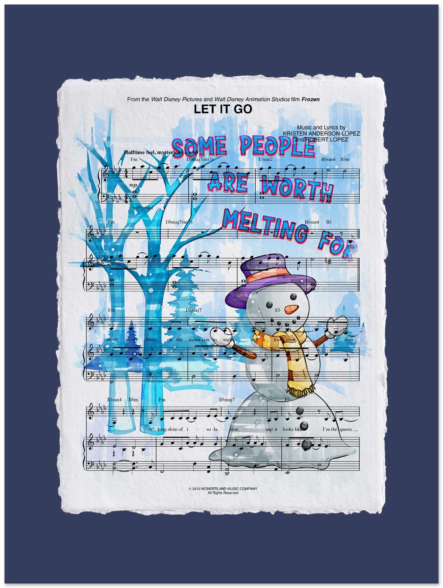 Sheet music with a snowman illustration and text on a blue background