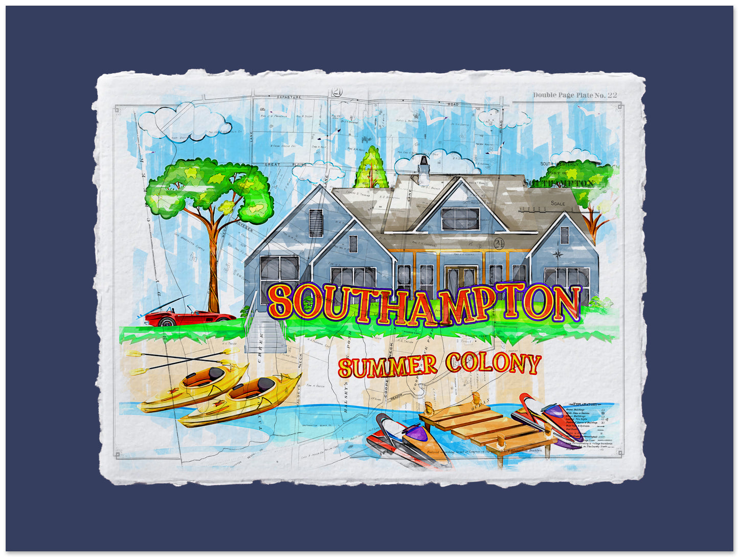 Illustration of a coastal scene with houses, trees, and kayaks on a blue background, featuring the text 'Southampton Summer Colony'.